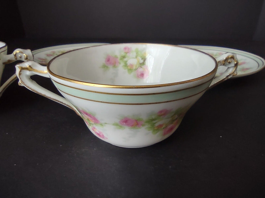 Old Abbey Limoges France 2 x Bouillion Cup Mint band Gold Trim Rose (lot 547)