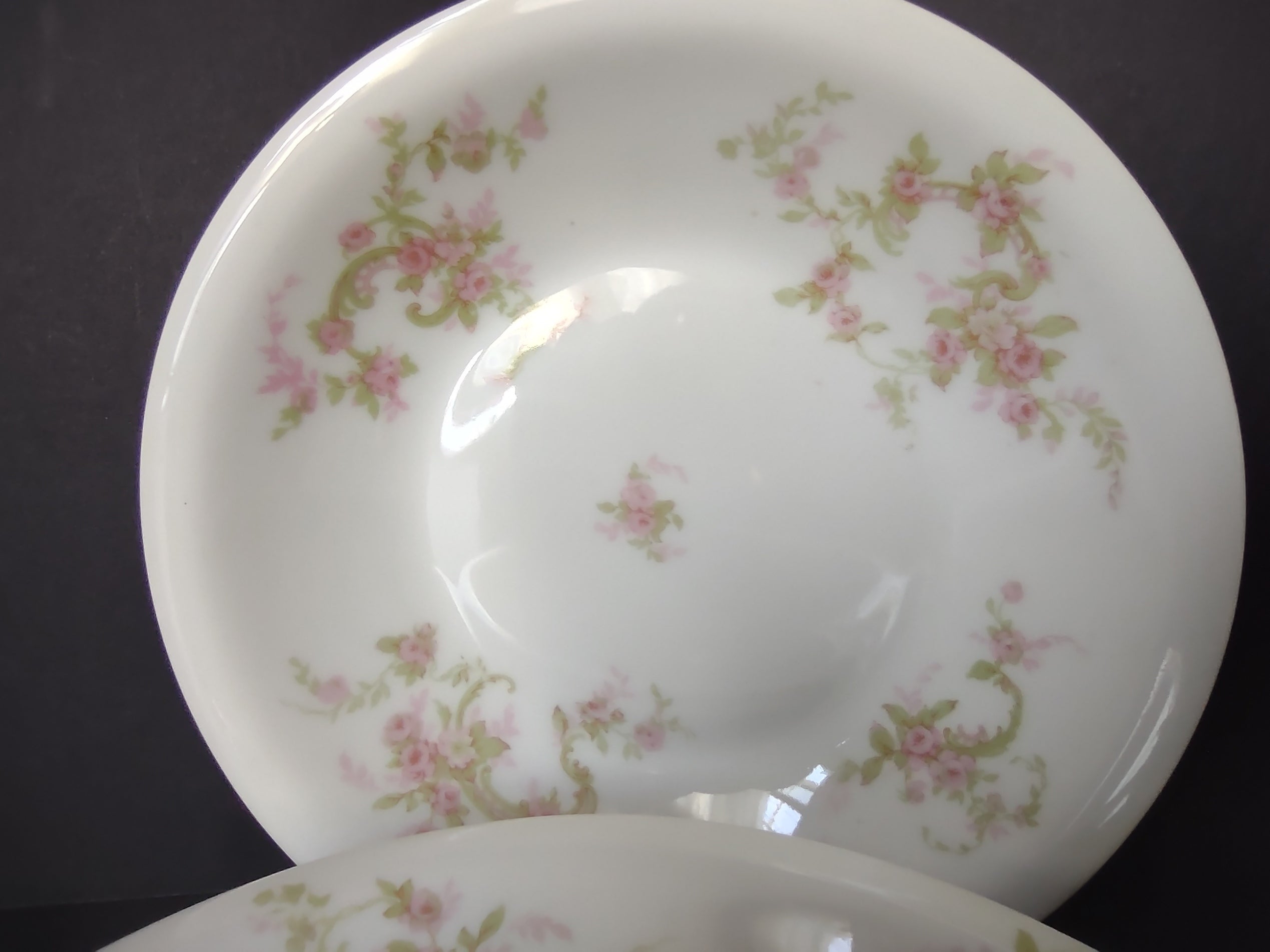 Haviland Limoges 3 x Cream Soup Plate Pink Rose Green Ribbon (lot 891)