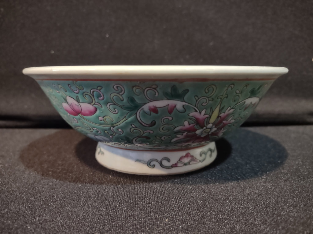 Vintage Ceramic Enameled Footed Bowl China Turquoise IMPERFECT (lot 5393)
