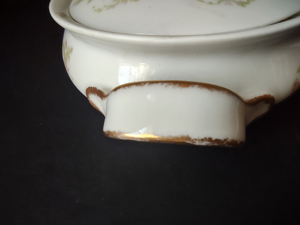 Haviland Limoges Oval Vegetable Tureen Pink Rose Green Ribbon (lot 887)