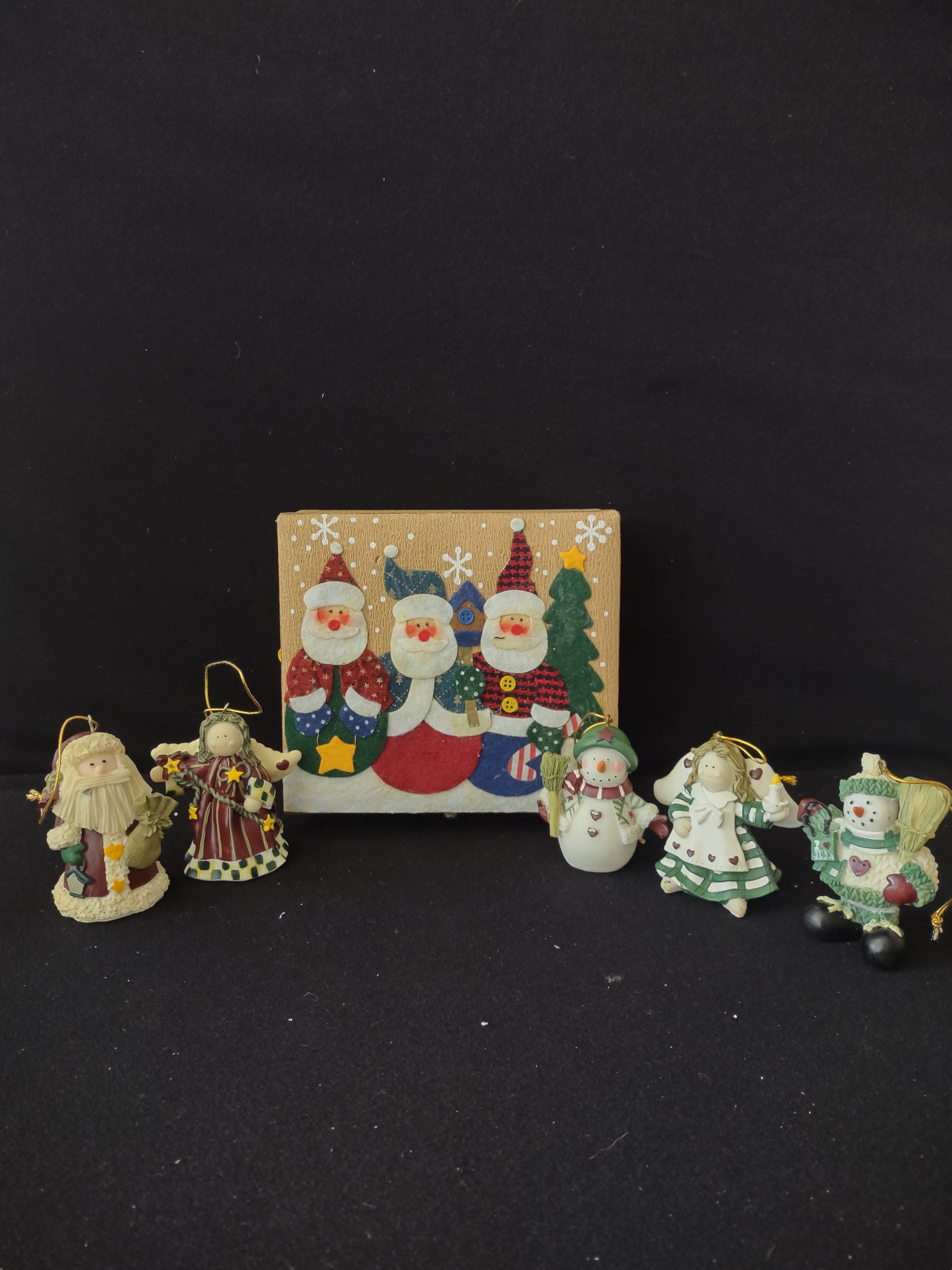Vintage Felt Santa Snowmen Box 2 Snowmen 2 Angels 1 Santa Ornaments (Lot3707