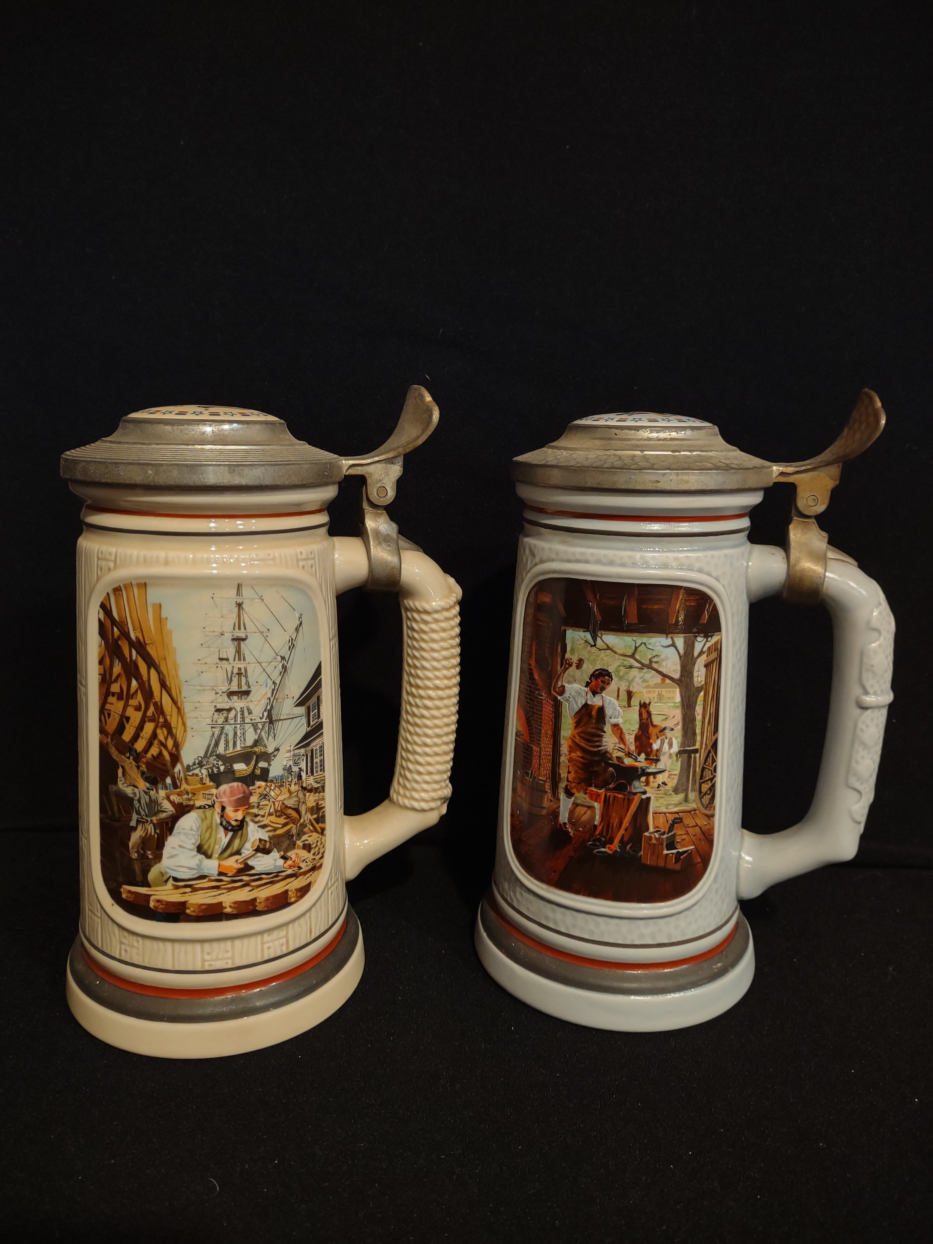 Set 2 Tankard Mug Stein Building of America Blacksmith Shipbuilder (lot 2538j)