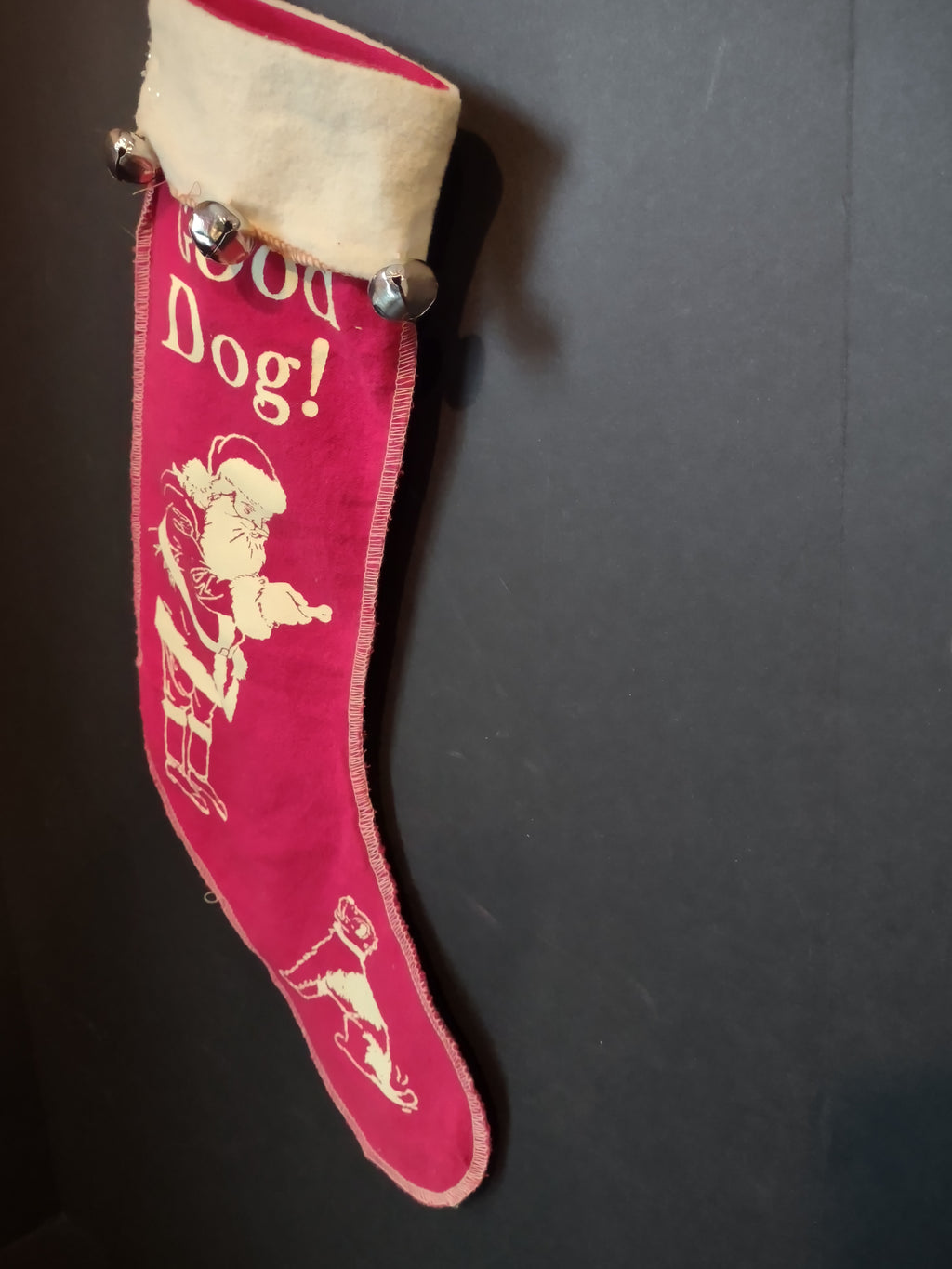 Vintage Christmas Good Dog Stocking with Santa Bells 16" (lot 3370)