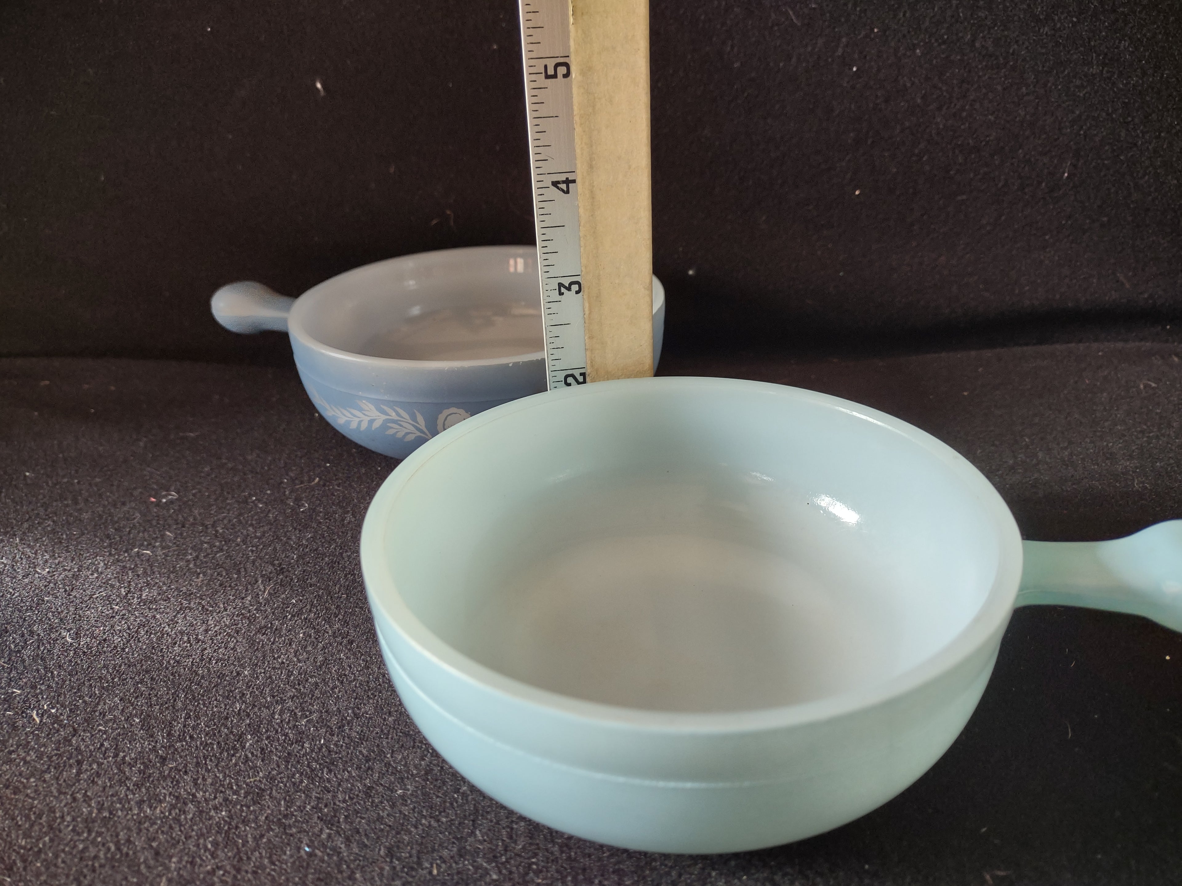 Vintage Milk Glass Glasbake USA Soup Bowl Blue x 2 (lot 5215)