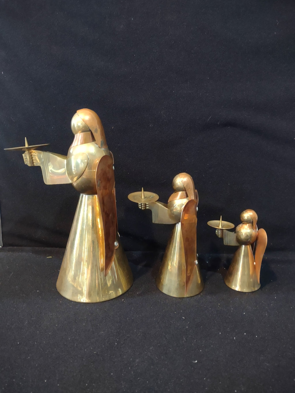 Vintage Christmas Brass Copper Angel Figurine Candle Holders Set Of 3 (Lot 4001)
