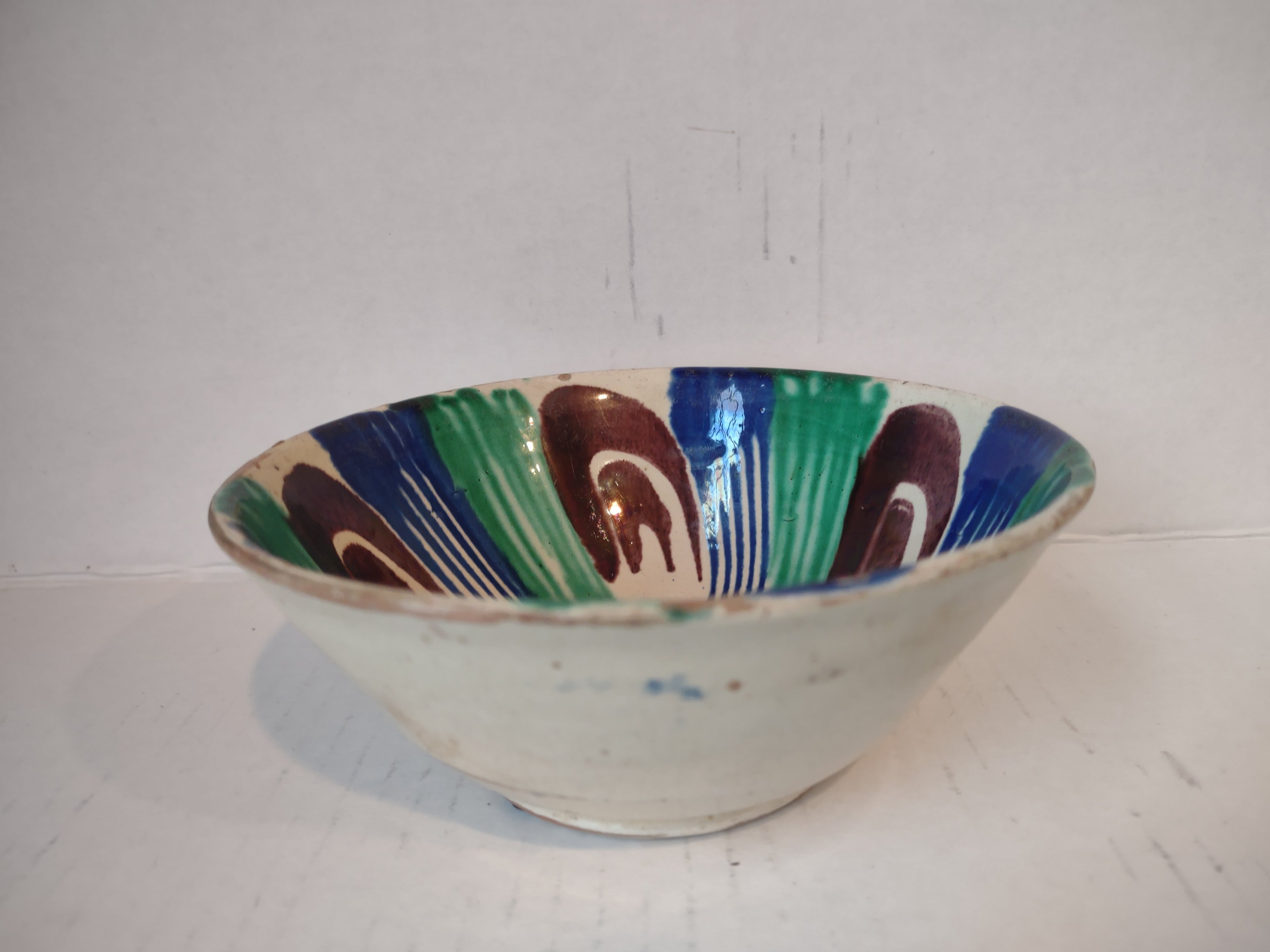 Vintage Stoneware Mexico Small Bowl Green Cobalt Blue Green Bird (lot 5341)