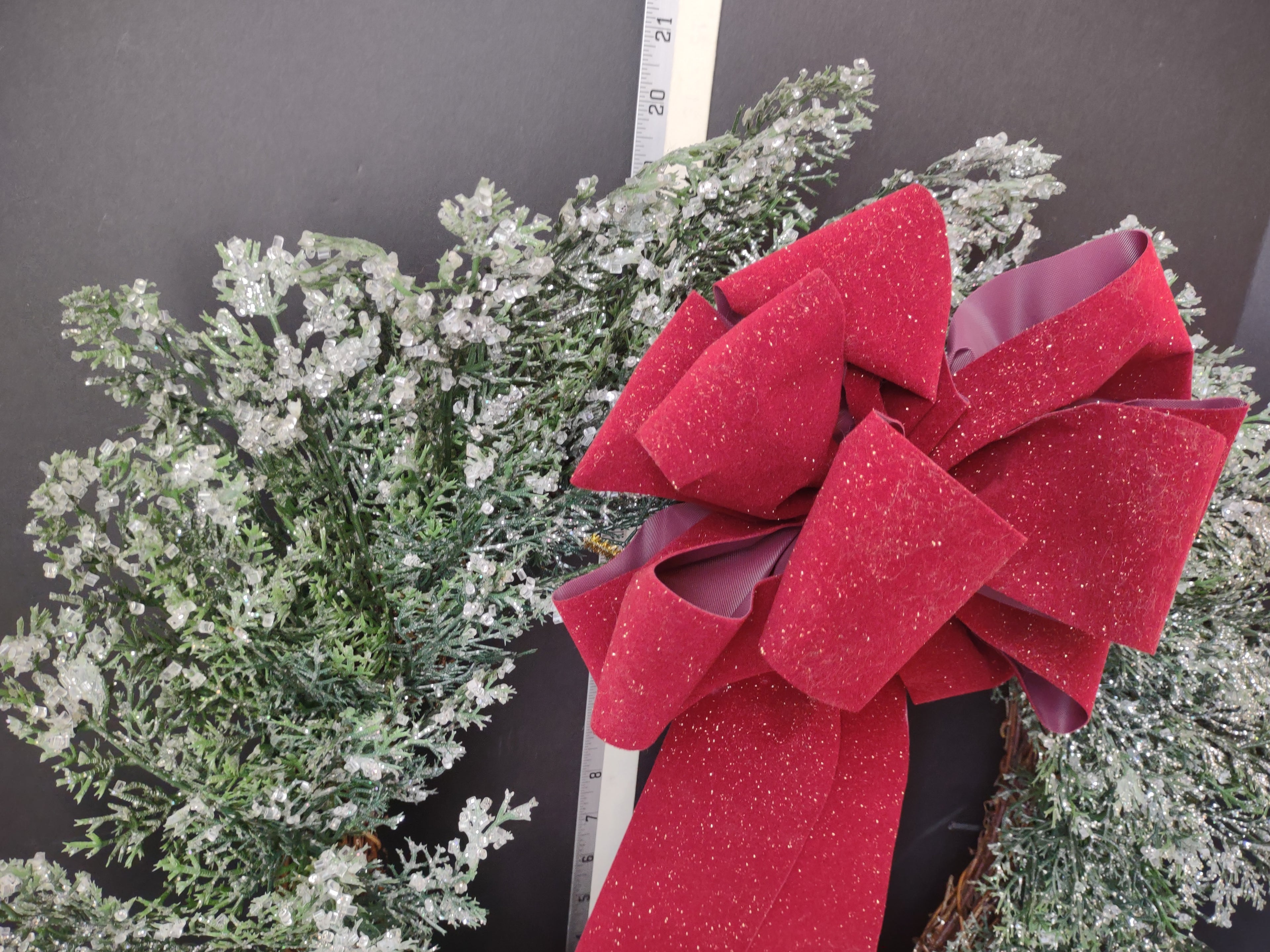 Vintage Christmas Iced Glitter Sparkly Front Door Wreath Red Bow 20" (lot 1176)