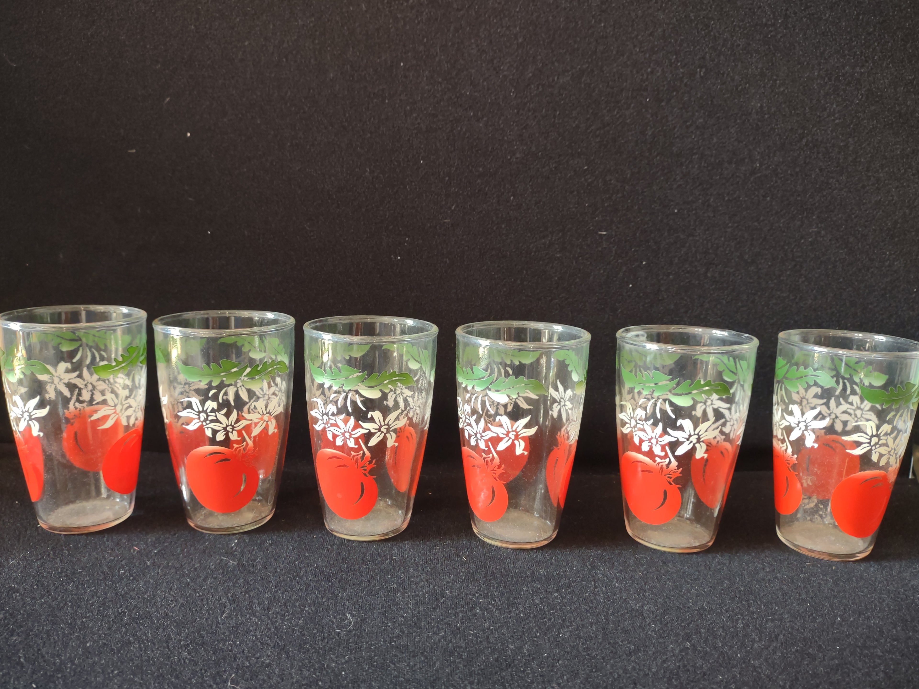 Vintage MCM Bartlett Collins Tomato Pitcher Drinking Glass x 6 (lot 5168)