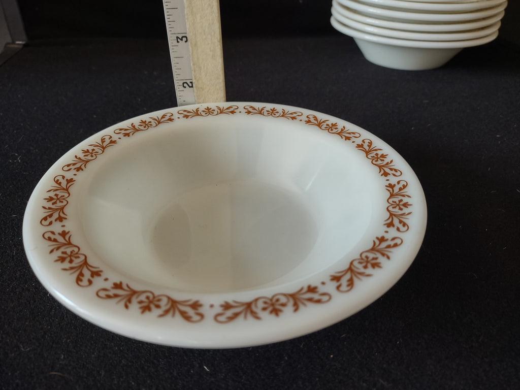 Vintage Pyrex Milk Glass USA Copper Filigree Cereal Bowl x 7 (lot 5210)
