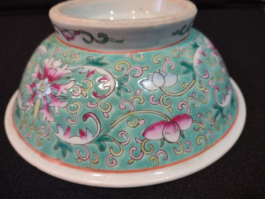 Vintage Ceramic Enameled Footed Bowl China Turquoise IMPERFECT (lot 5393)