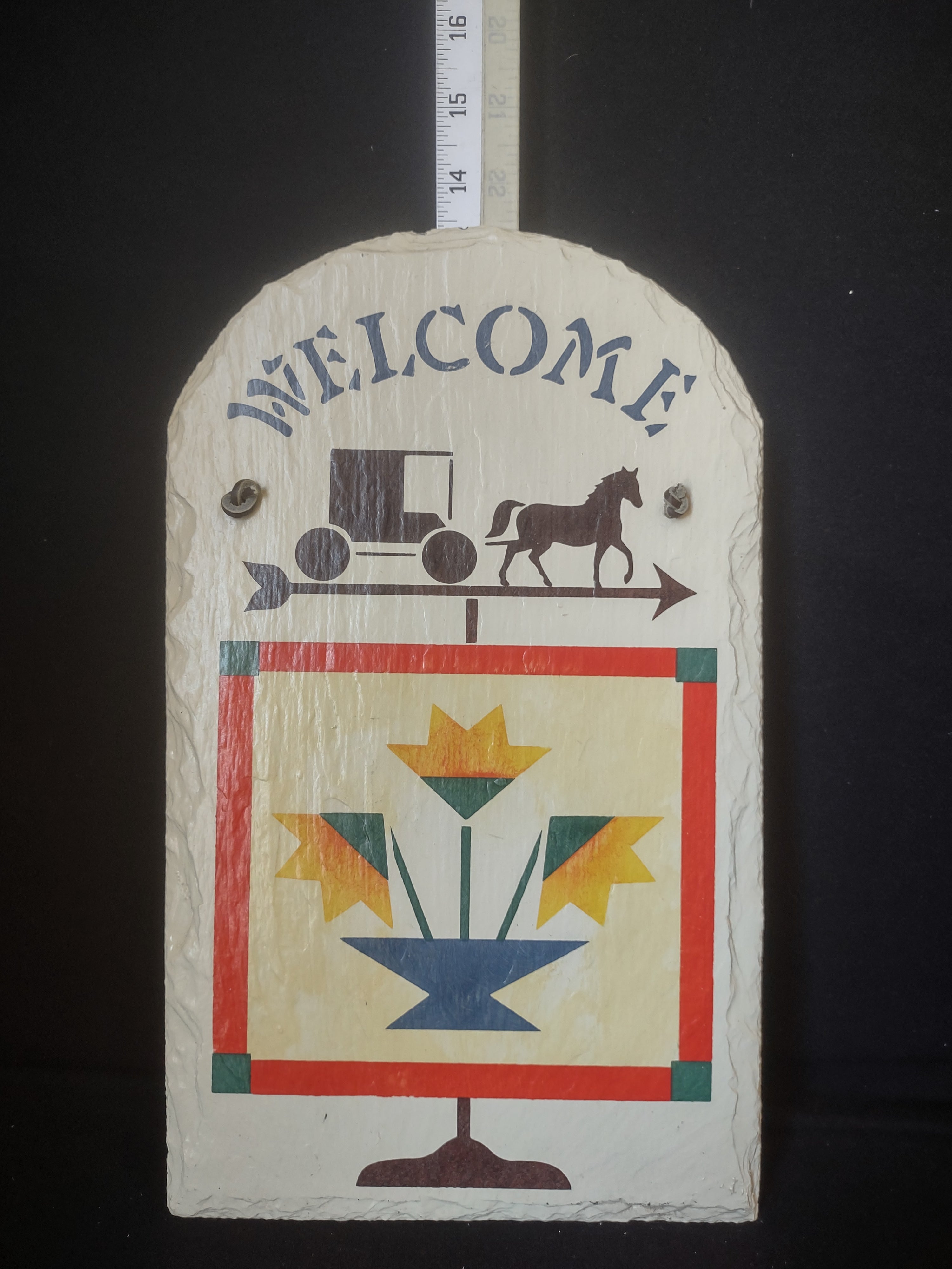 Vintage Slate Stone Painted Welcome Horse with Buggy Sign 13" x 8" (lot 2684c)