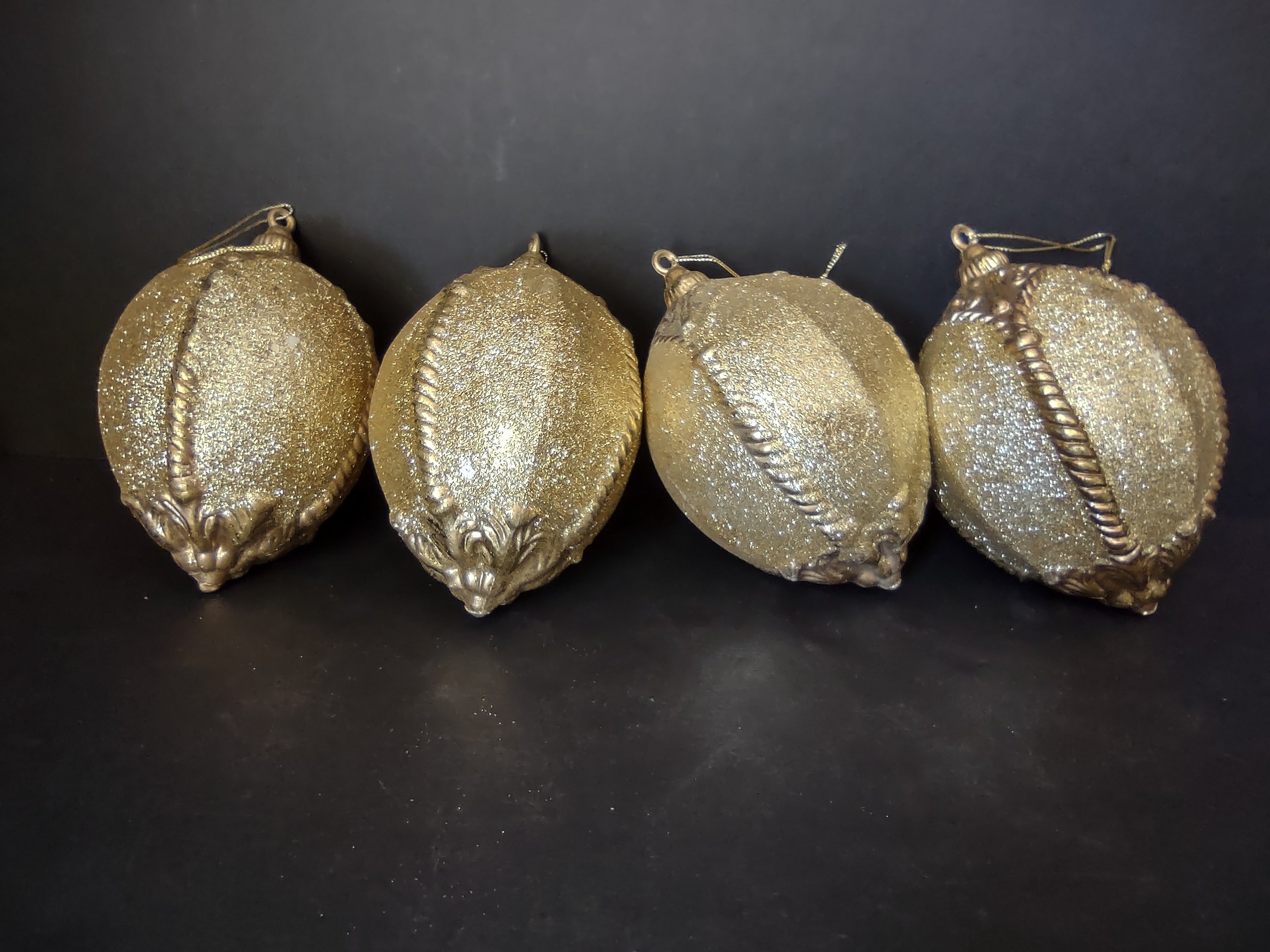 Lot of 4 Round Golden Glittery Christmas Ornaments (lot 1746)