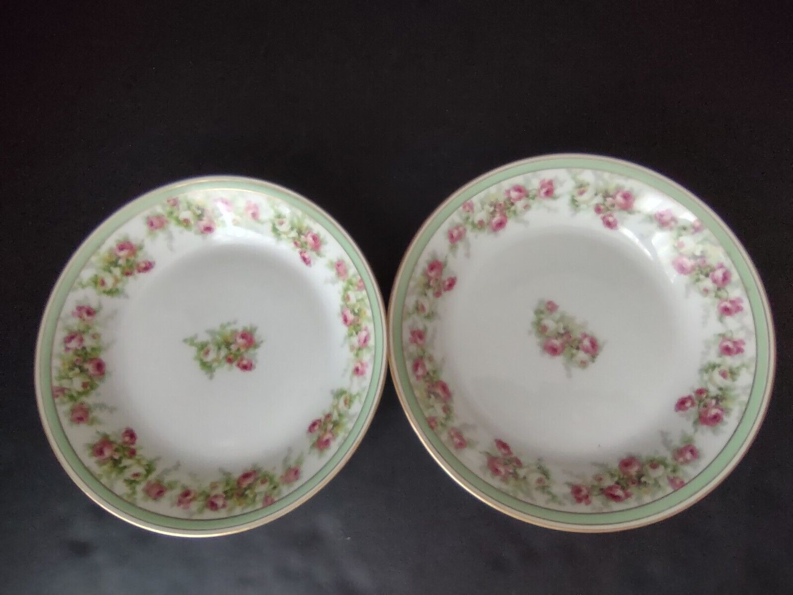 Coronet Limoges France 2 x Soup Plate Mint Band Gold Trim Pink Rose (lot 551)