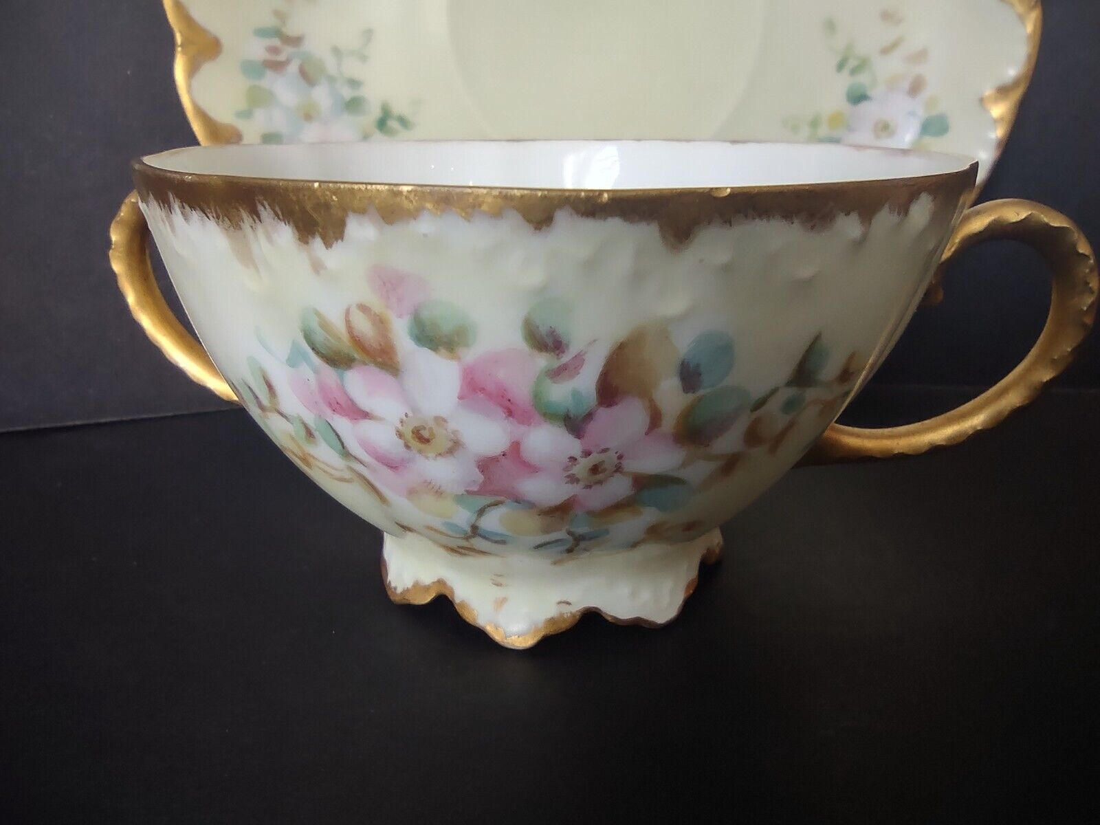 Vintage Malmaison Bavaria Gold Trim Teacup Bouillon Cup Yellow Floral (lot 756)