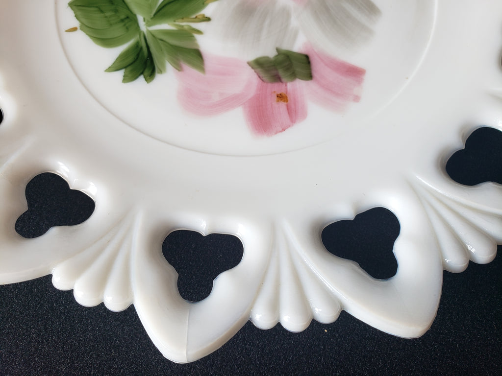 Vintage Kemple Pink Flower Motif Milk Glass Wall Plate (lot 2191)