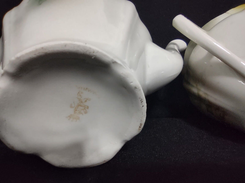 Vintage Bavaria Teapot Creamer Sugar Dish White Rose Gold Trim (lot 240)