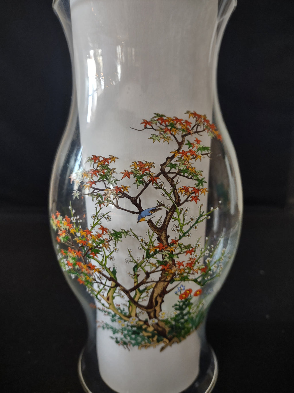 L E Smith Oriental Garden Hurricane Lamp Glass ONLY Eastern Blue Bird (Lot 3245)