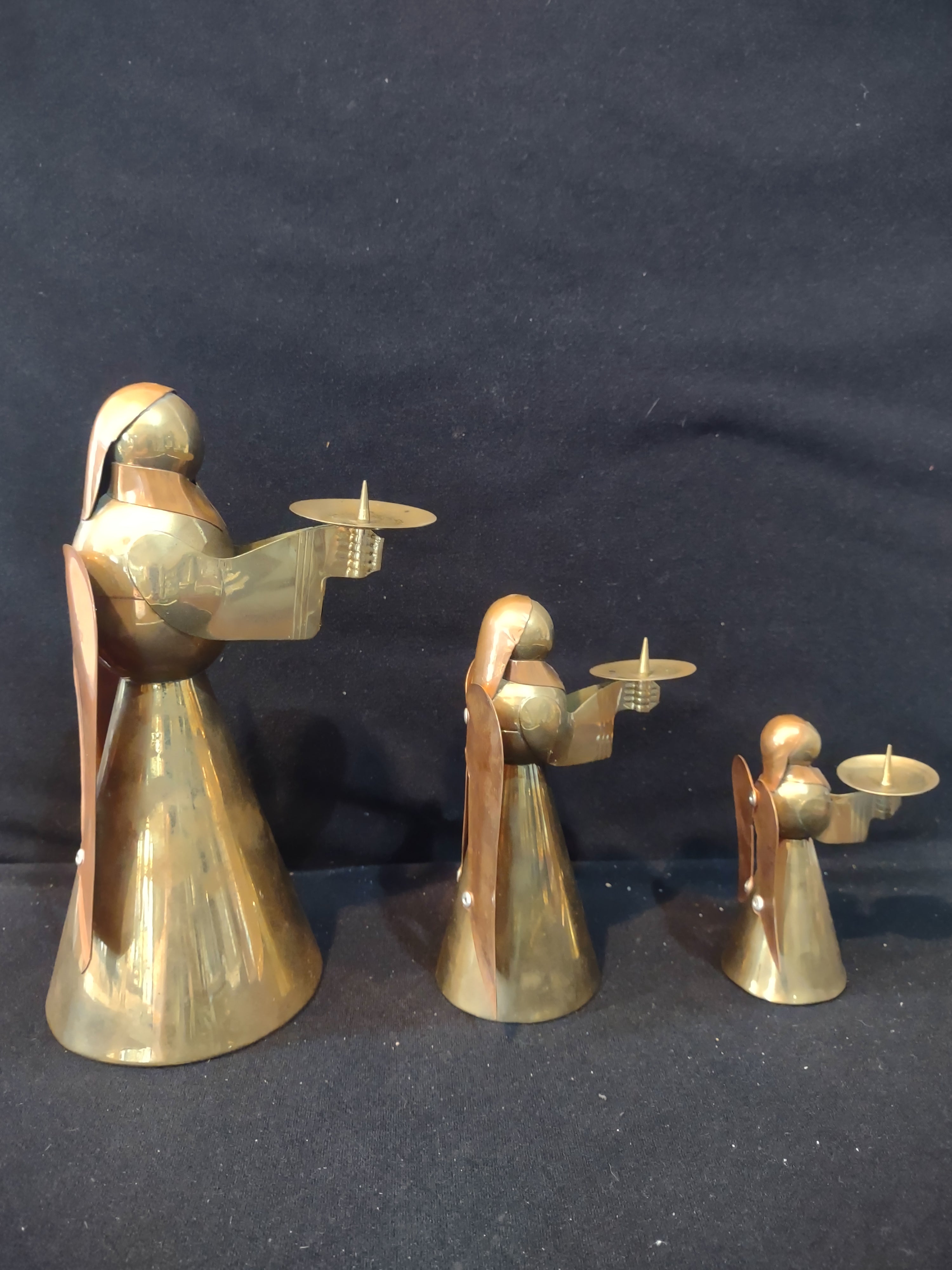Vintage Christmas Brass Copper Angel Figurine Candle Holders Set Of 3 (Lot 4001)