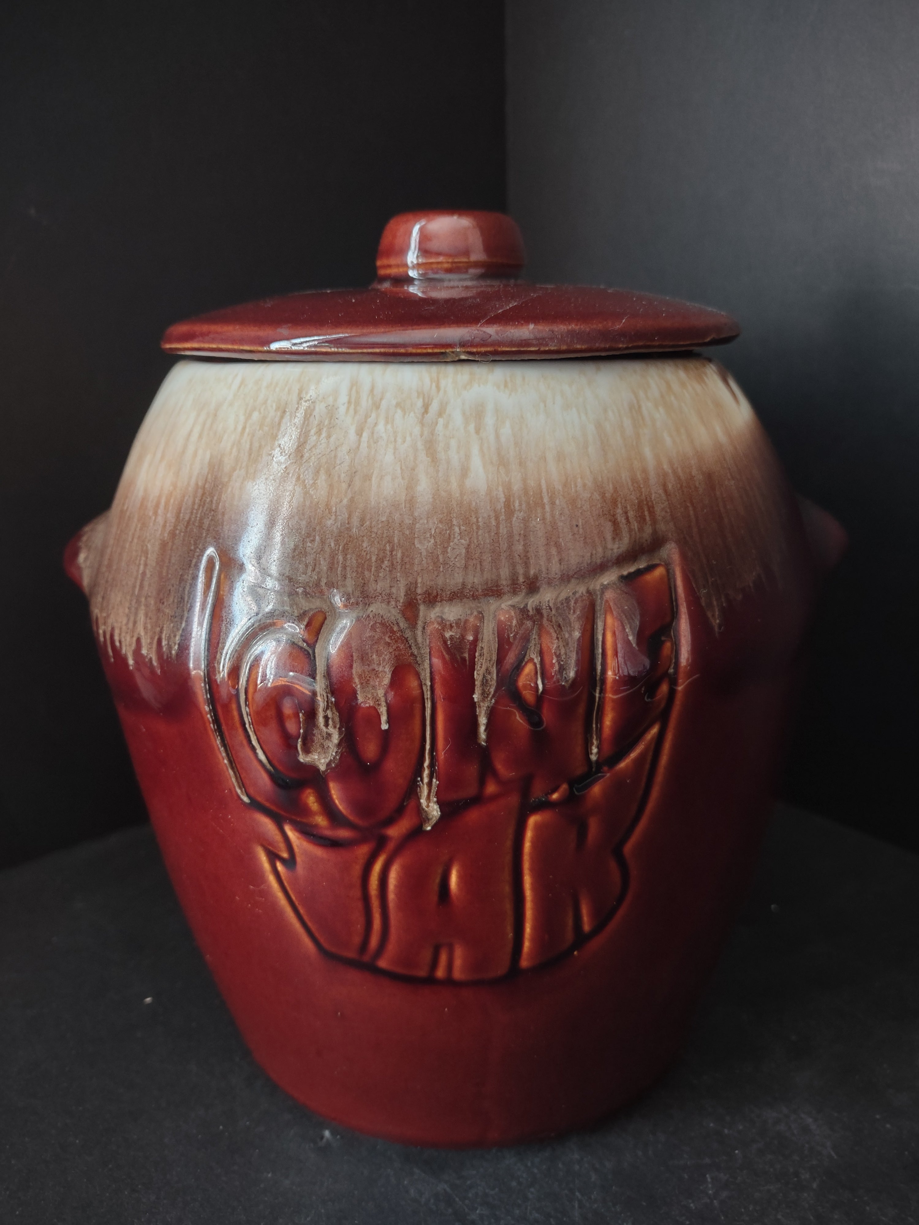 Vintage McCoy Brown Drip Glaze Large Cookie Jar w/Lid (lot 2940c)