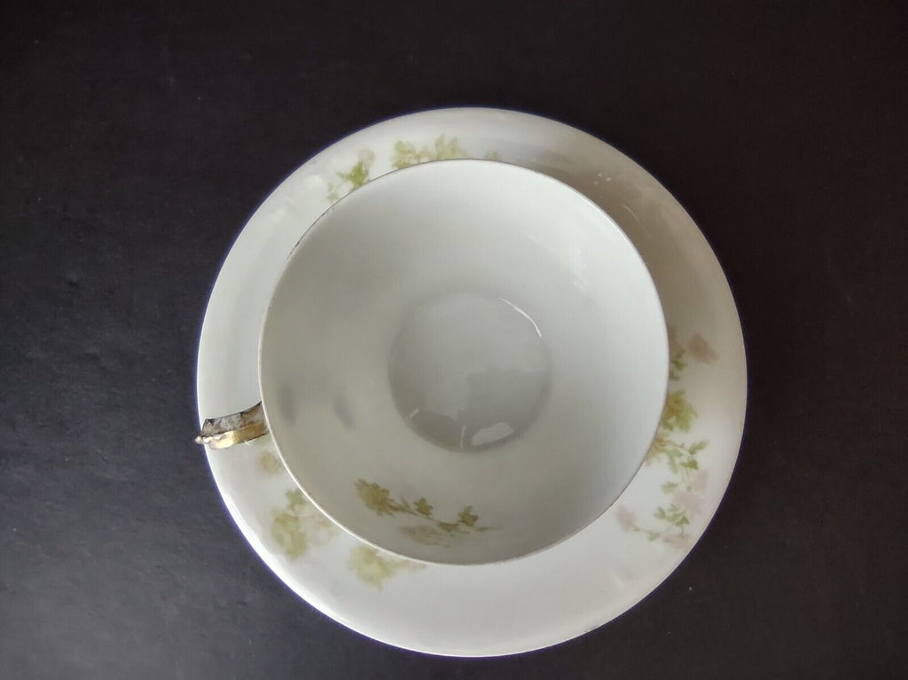 JP Limoges France Porcelain Teacup & Saucer Green Flower Gold Handle (lot 734)