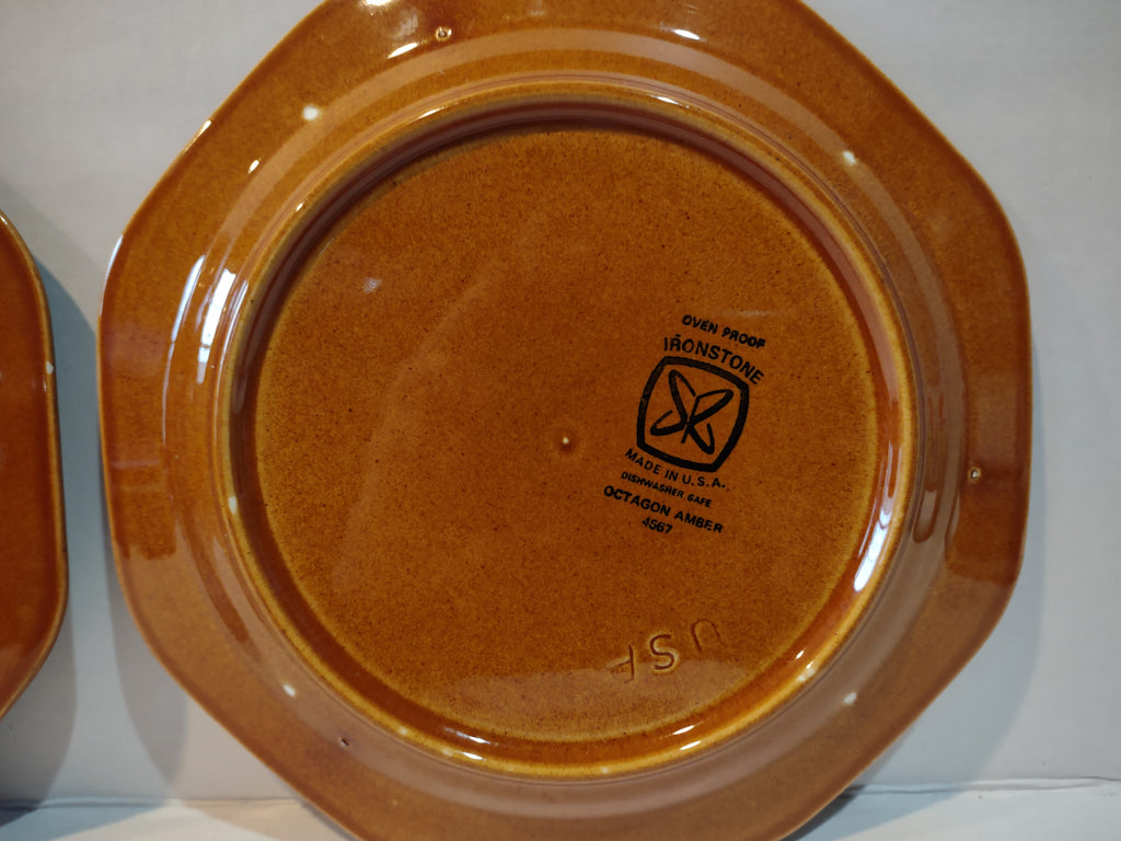 Vintage MCM Ironstone USA Amber Octagon 8" Lunch Plate x 4 Oven Proof (lot 5013)