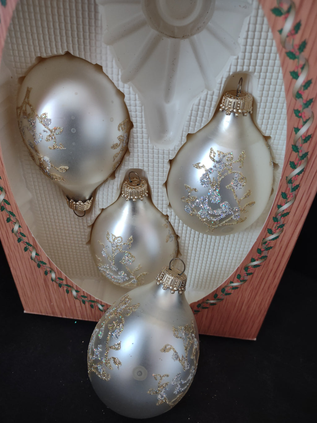 Vintage Christmas Krebs Glass Ornaments x 4 Golden Glitter IMPERFECT (lot 3312)