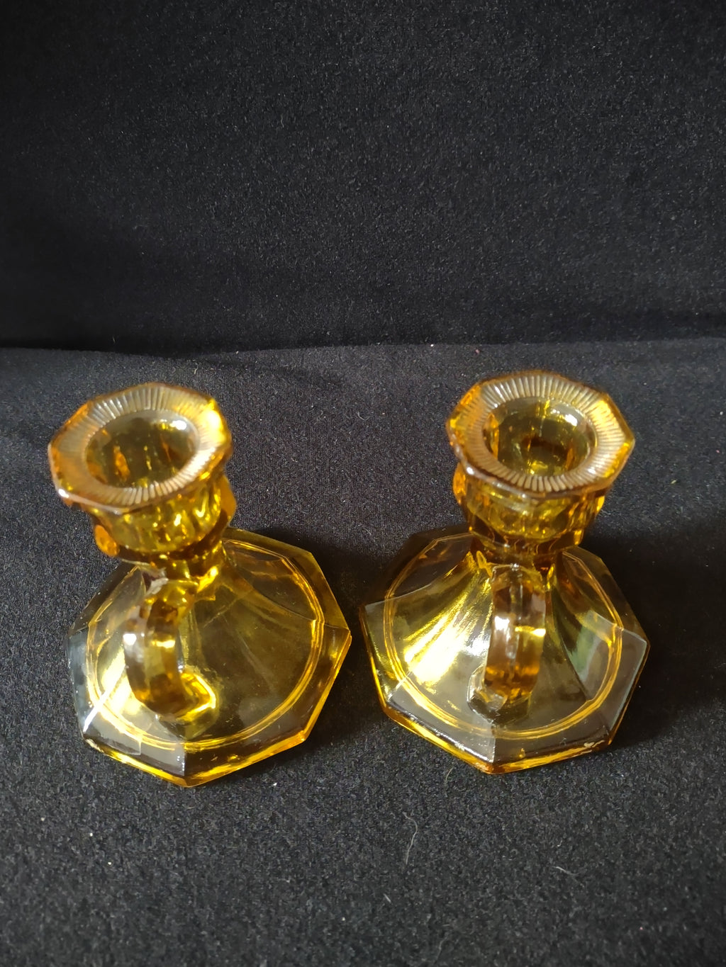 Vintage Amber Glass Taper Candlestick Holders Finger Loops X 2 (Lot 4199)
