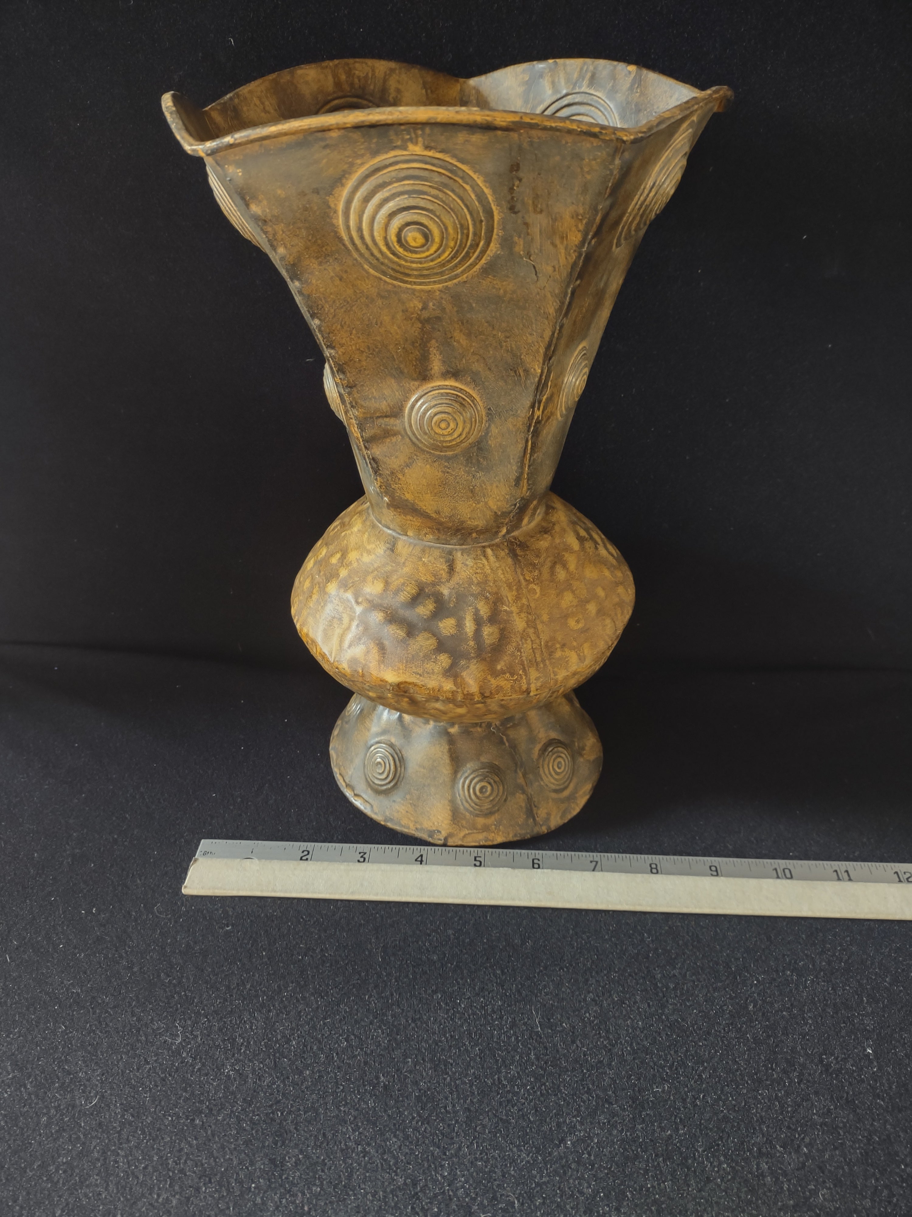 Primitive Rustic Decorative Metal Vase Embossed Circles Brown (Lot 4611)