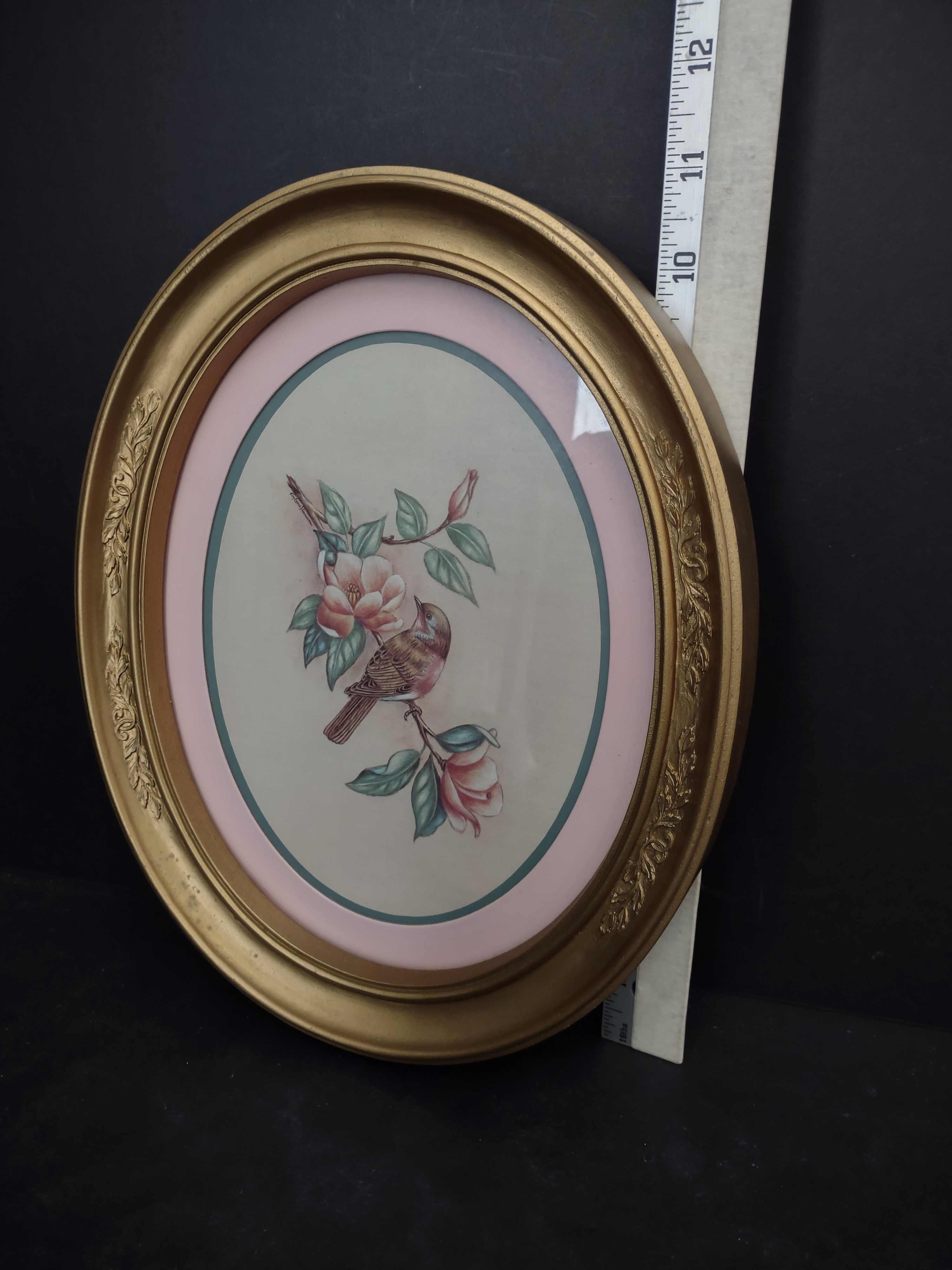 Vintage Homco Home Interiors Oval Bird Flowers Print Picture (lot 2582c)