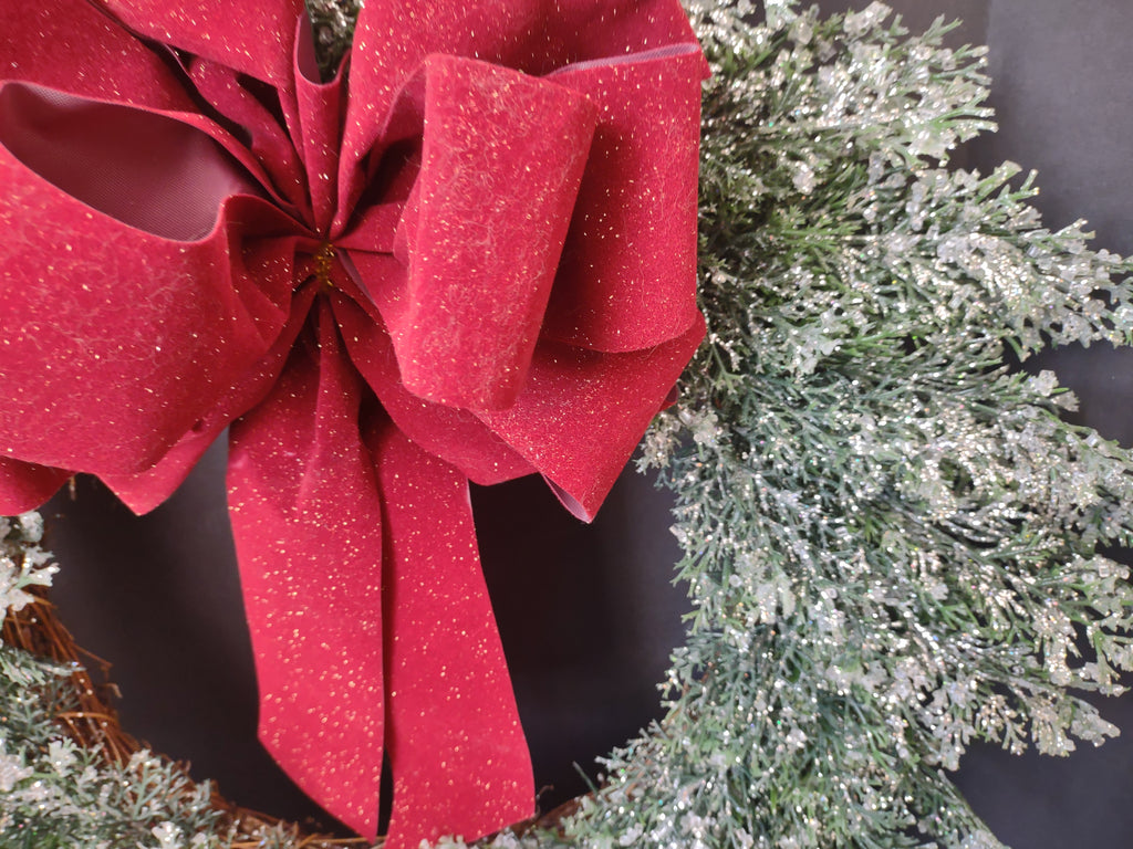 Vintage Christmas Iced Glitter Sparkly Front Door Wreath Red Bow 20" (lot 1176)