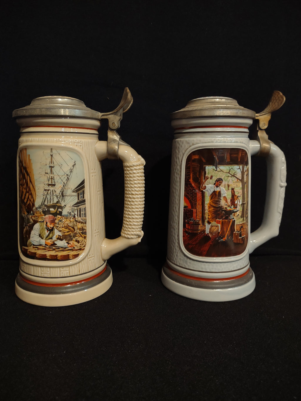 Set 2 Tankard Mug Stein Building of America Blacksmith Shipbuilder (lot 2538j)