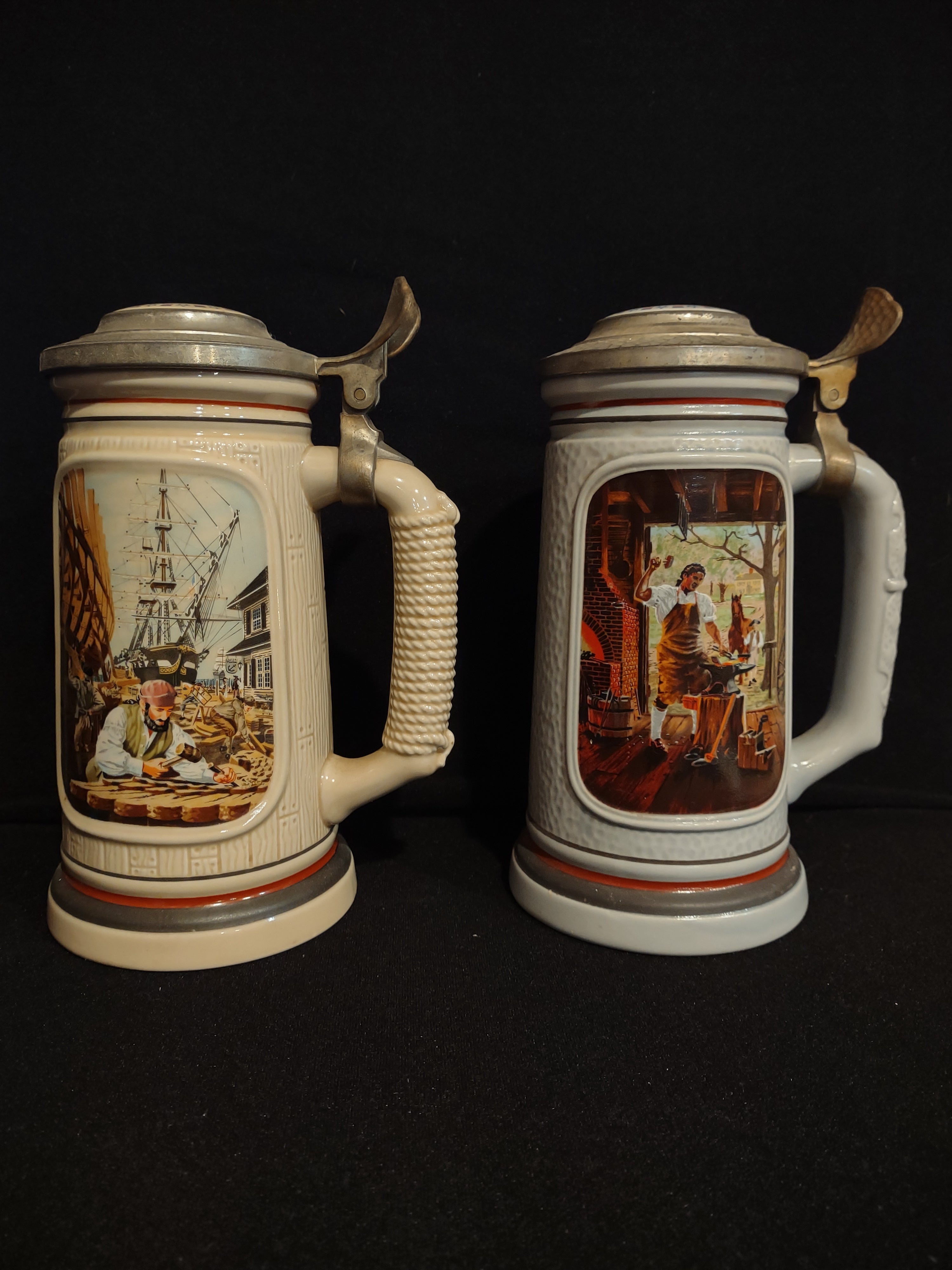 Set 2 Tankard Mug Stein Building of America Blacksmith Shipbuilder (lot 2538j)