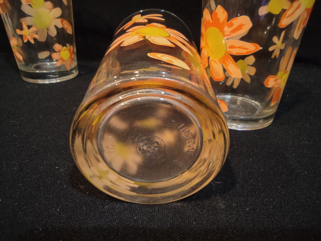 Vintage MCM Drinking Glass x 3 Indonesia Orange Flowers (lot 5160)