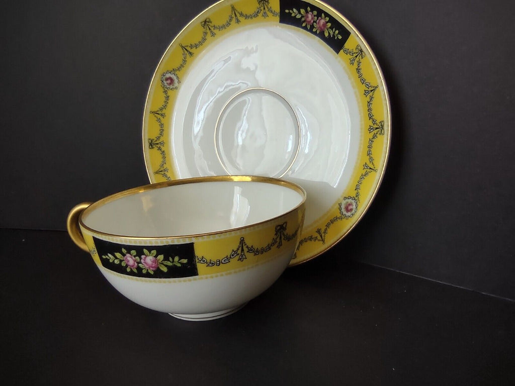 Avenir Limoges Ovington Bros Teacup & Saucer Yellow Black Trim Bow Rose lot 730