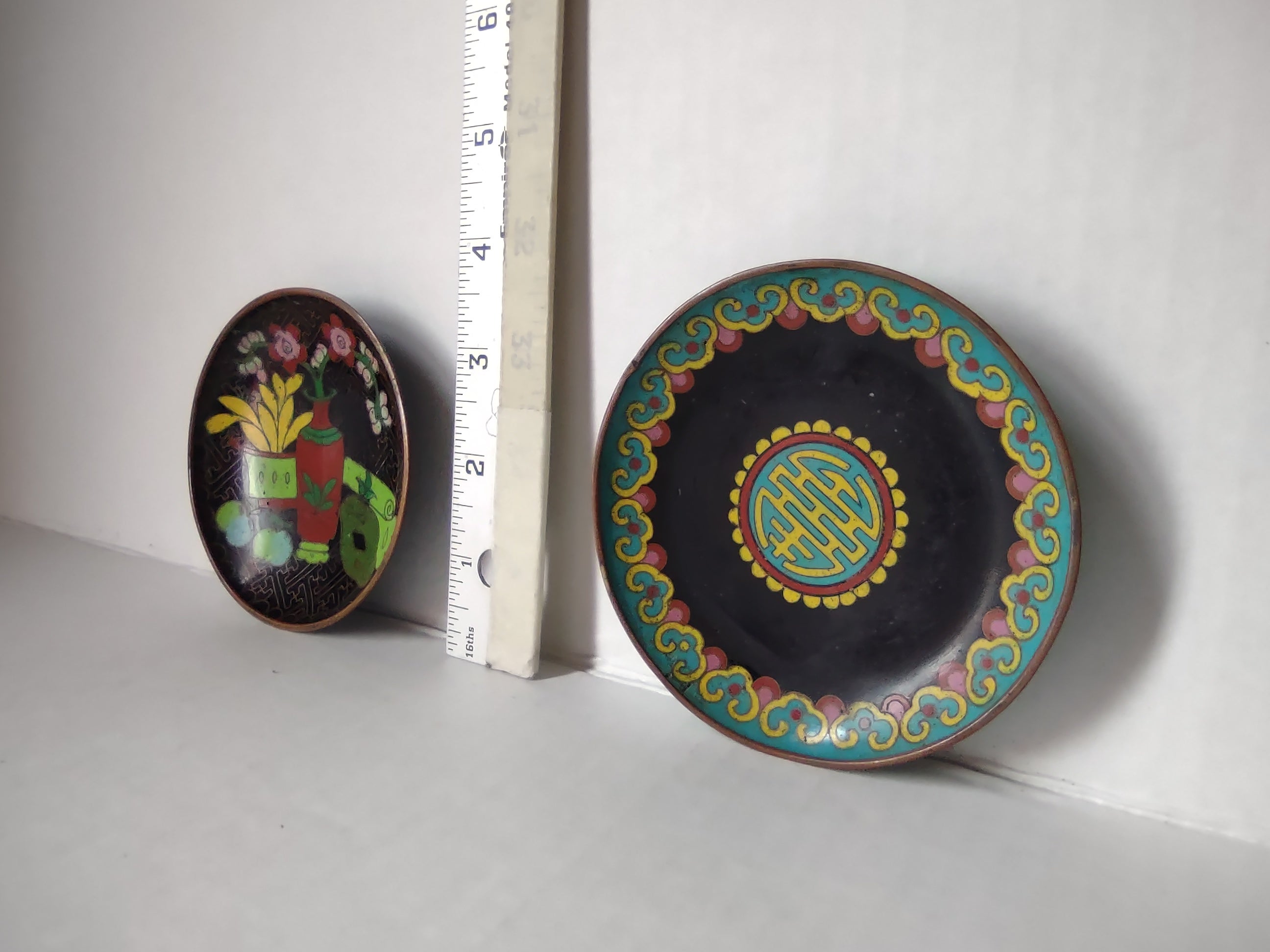 Vintage Set of 2 Chinese Metal Coaster Ashtray Dish Enameled (lot 5331)