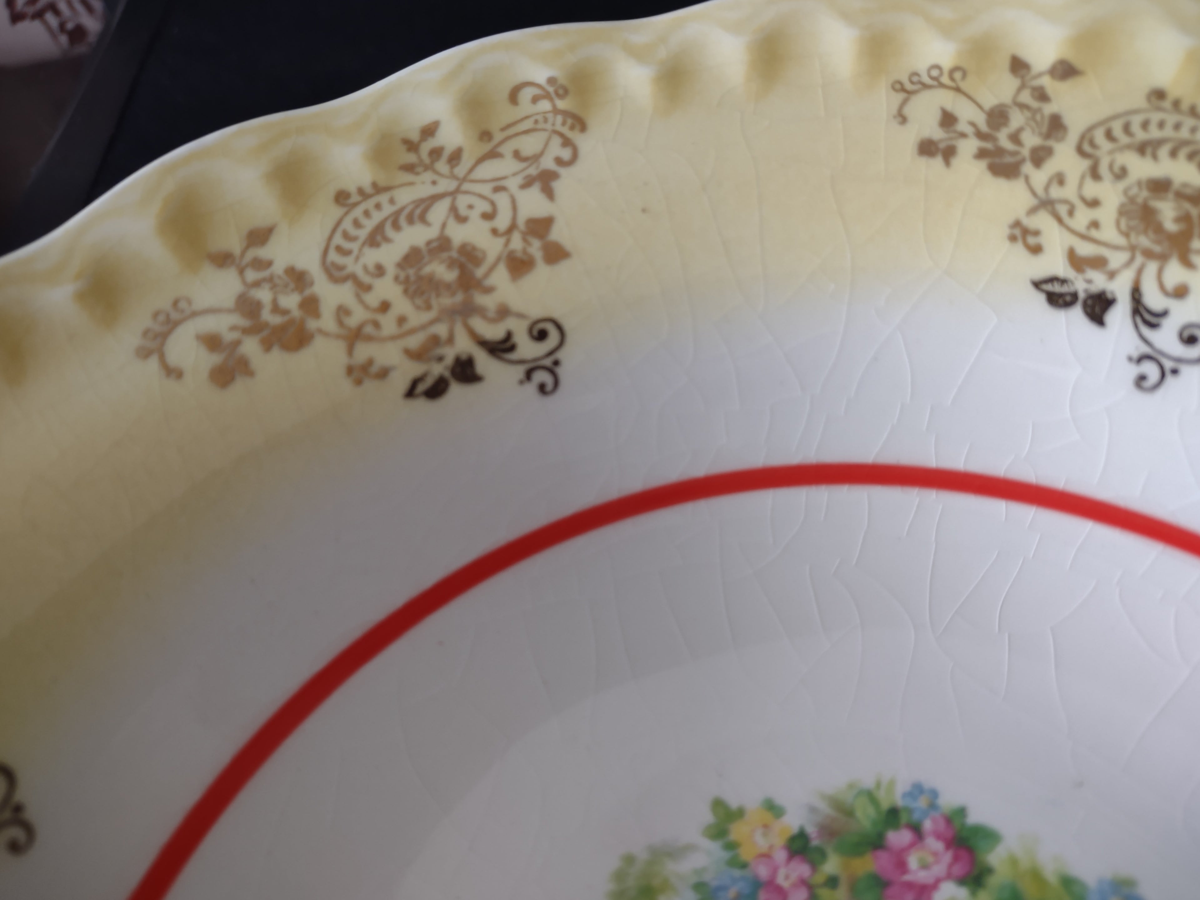 Vintage 9.5" Serving Bowl x 3 Green Yellow Blue Gold Trim Floral (Lot 5043)