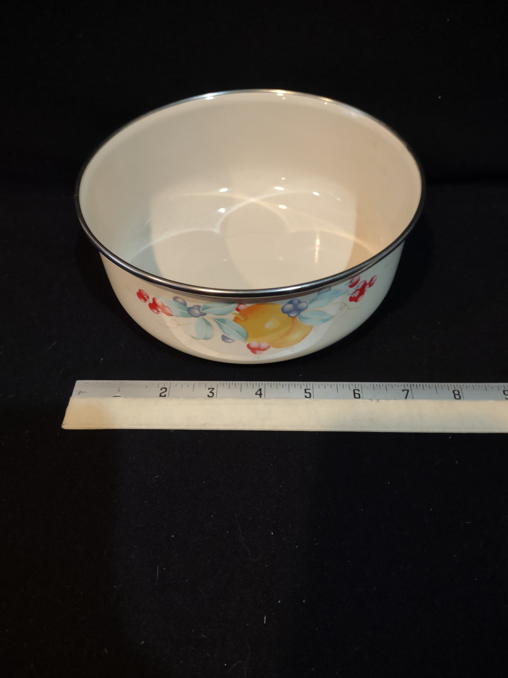 Vintage Enamel Metal 7" Mixing Bowl Abundance Fruit Berries (Lot 5354)