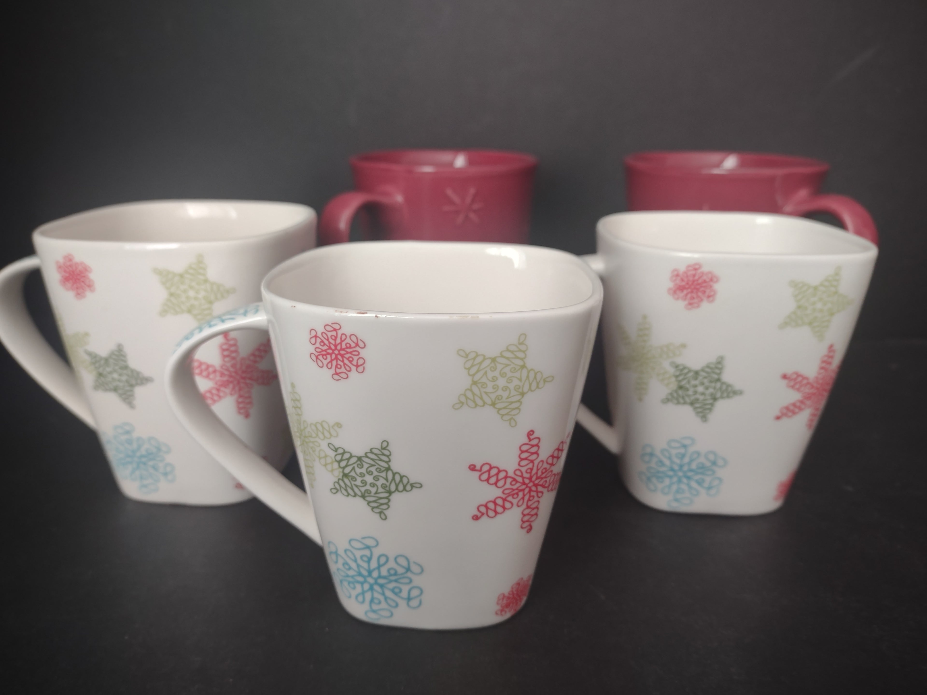 Christmas Snowflake Star Mugs 3 x Starbucks 2 Red Maroon Coffee Cup (lot 1216)