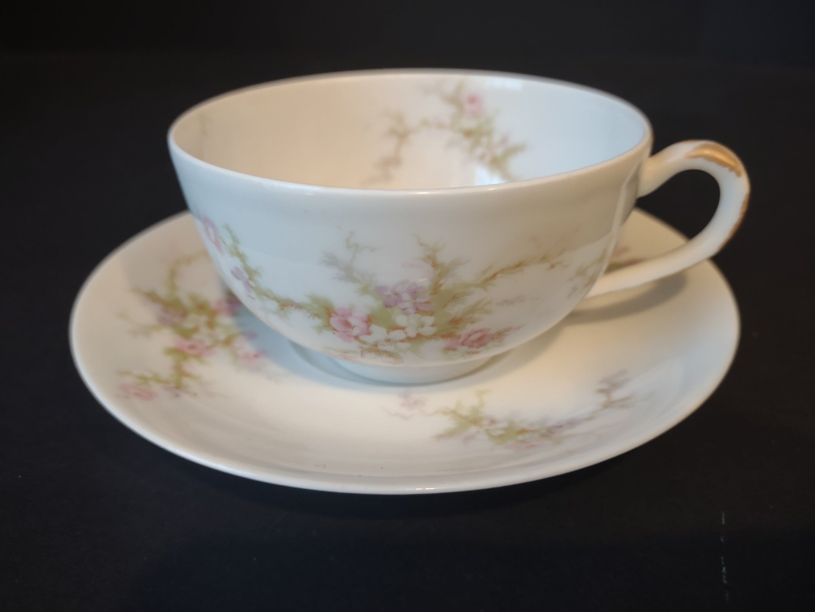 Haviland Limoges Tea Cup & Saucer Rose White Purple Flower Moss (lot 901)