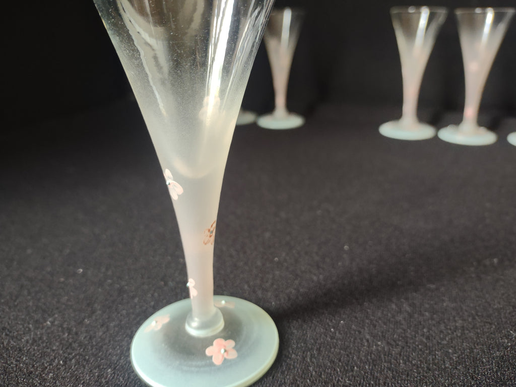 Set 6 Frosted Mini Small Martini Pink Flowers Hand Painted Vintage MCM (lot 2742