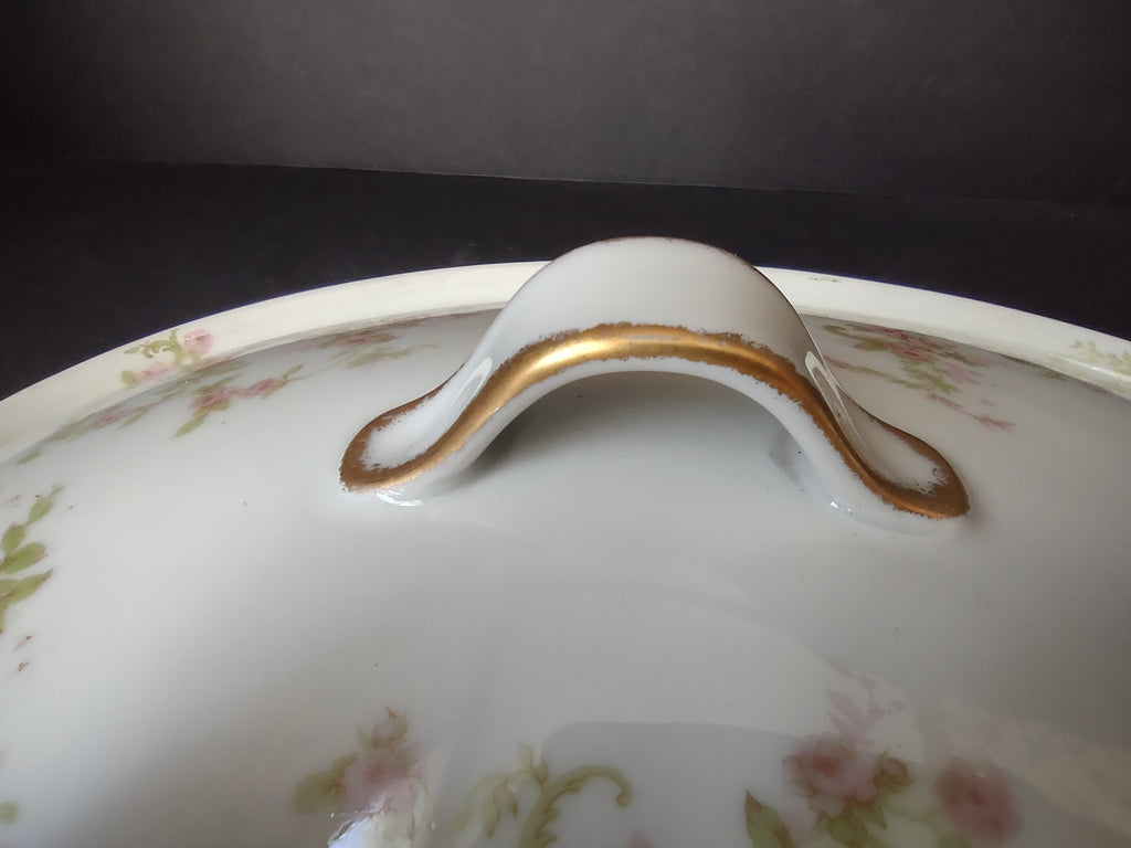 Haviland Limoges Oval Vegetable Tureen Pink Rose Green Ribbon (lot 887)