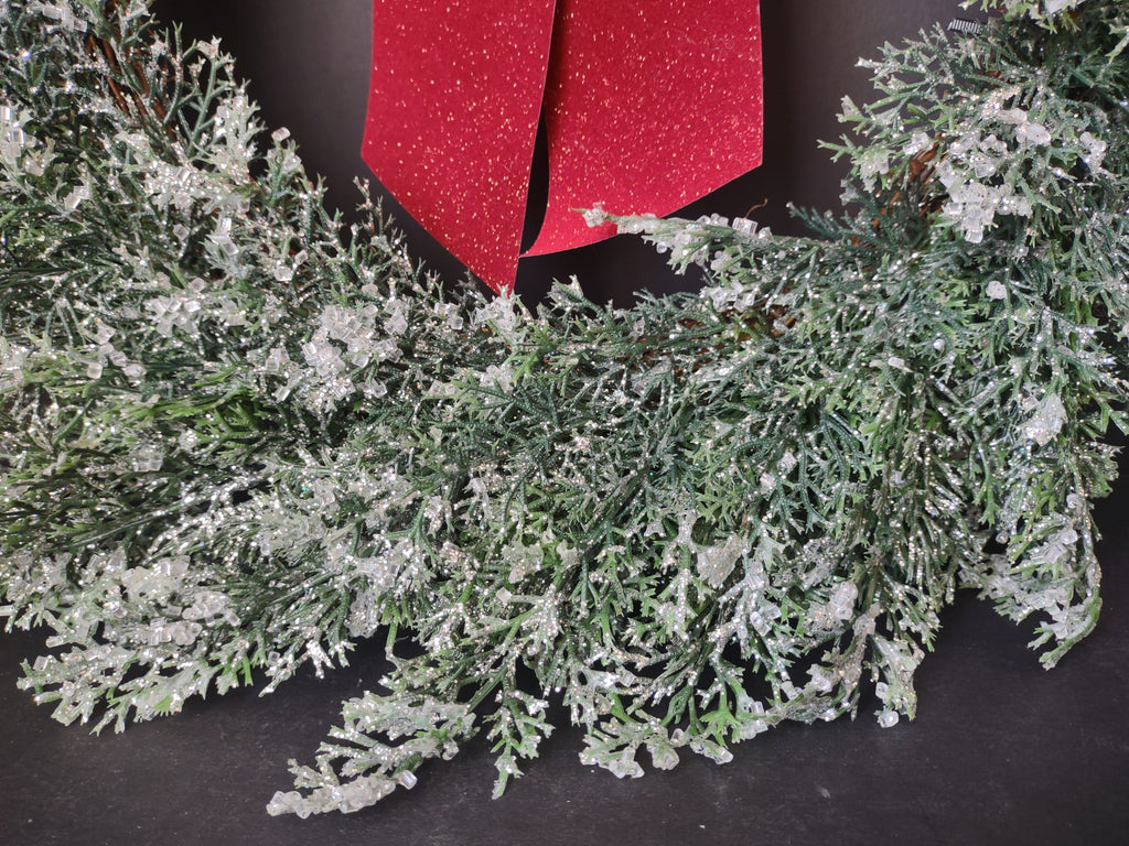 Vintage Christmas Iced Glitter Sparkly Front Door Wreath Red Bow 20" (lot 1176)