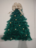 Handmade Ribbon Green Christmas Tree w/ Ornaments Flat Hang on Wall 22" (lot 1295)