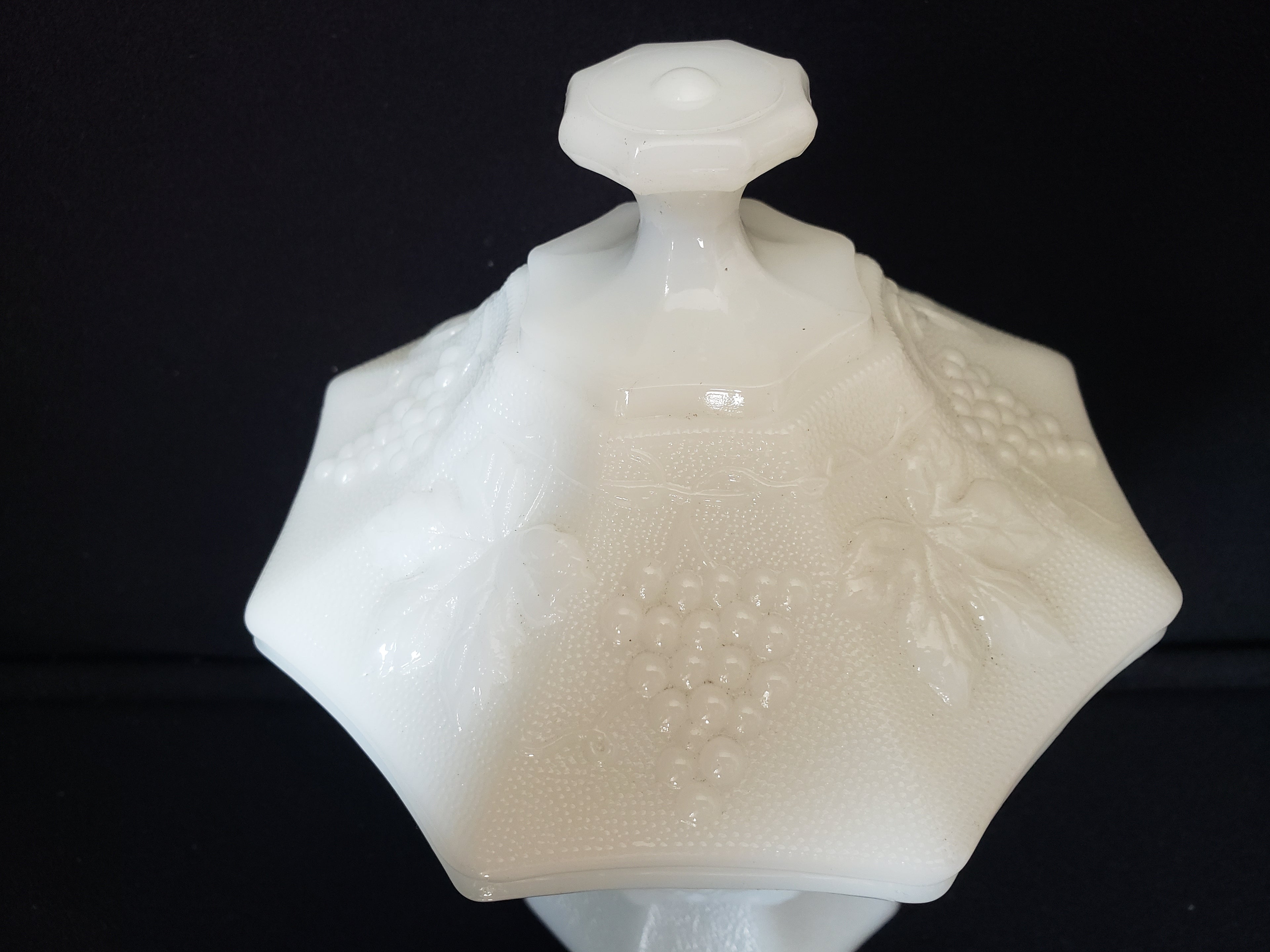 Vintage Milk Glass Candy Container Grape Design with Lid (lot 2219)