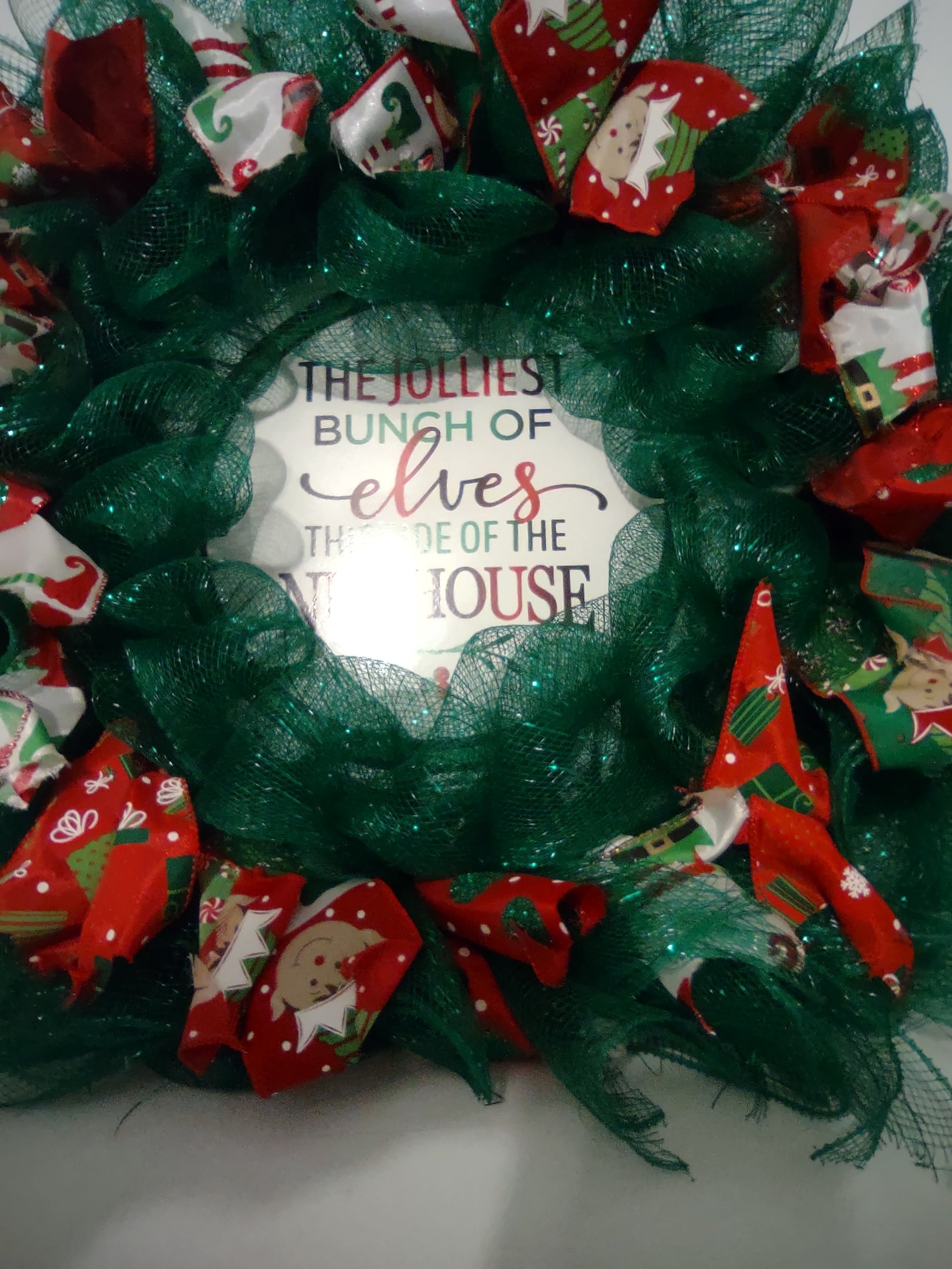 Handmade Christmas Wreath Green Red Ribbon Elf Elves Nuthouse 20" (lot 1293)