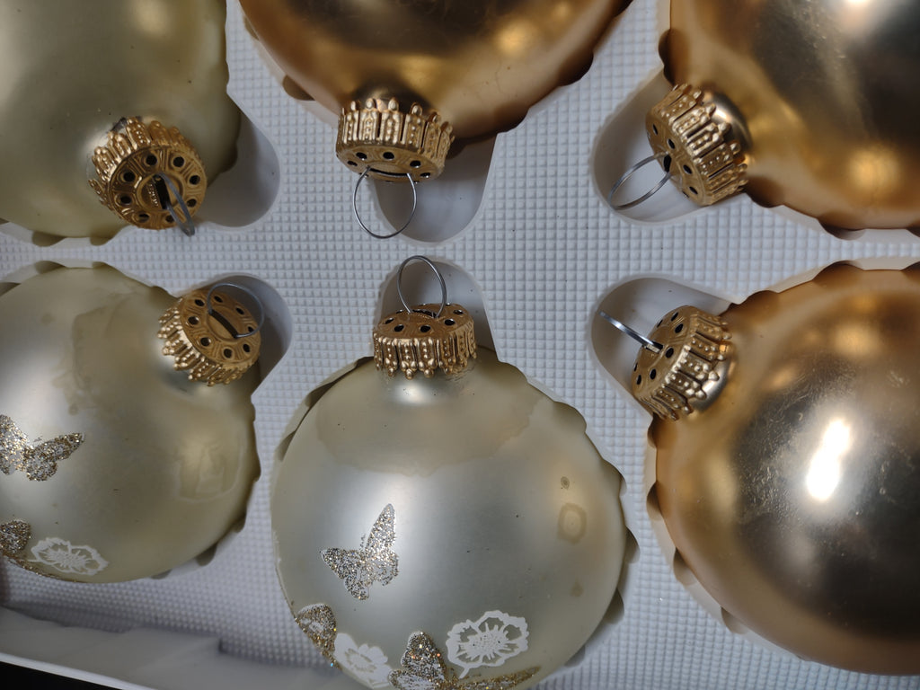 Vintage Christmas Set 6 Glass Ornaments Krebs 3" Butterfly Golden (lot 1434)