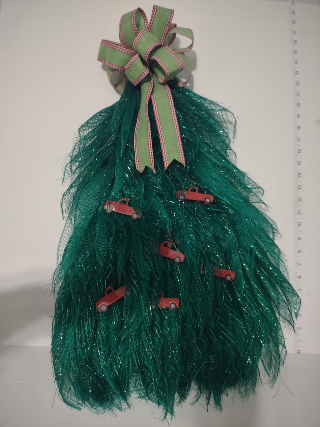 Handmade Ribbon Green Christmas Tree w/ Red Truck Flat Hang on Wall 24" lot 1296
