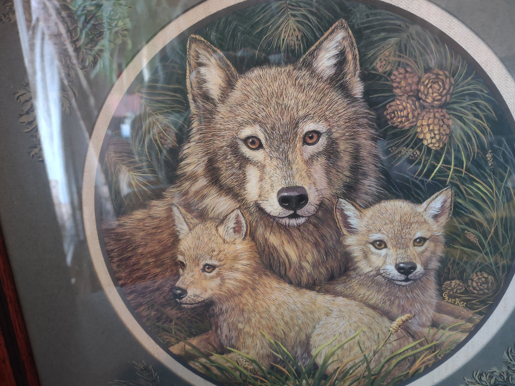 Vintage Home Interiors Print Picture Wolf with Pups 17"x17" (lot 2623c)