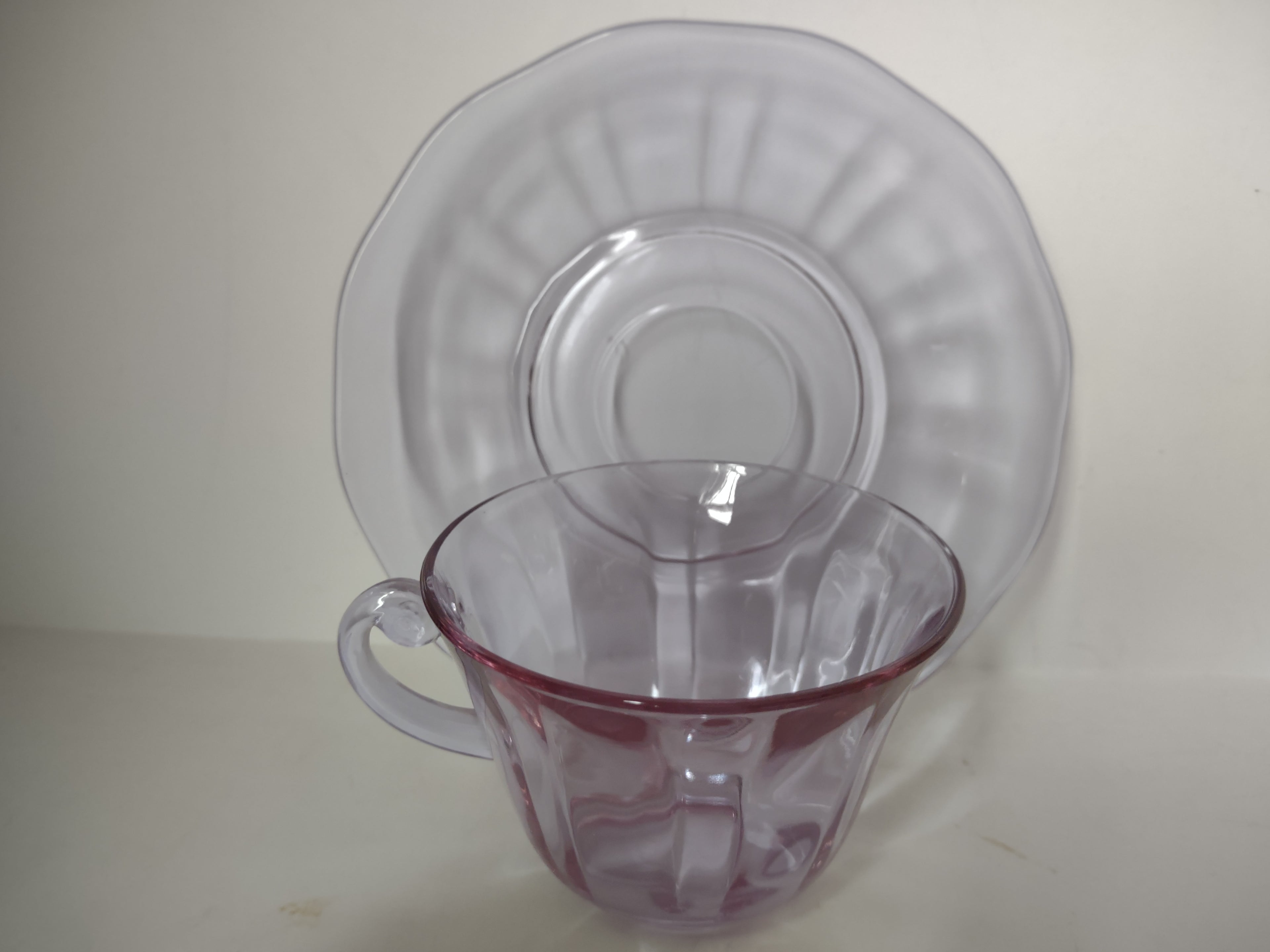 Fostoria Wisteria Lilac Lafayette Glass Teacup & Saucer Set Neodymium (lot 2730)