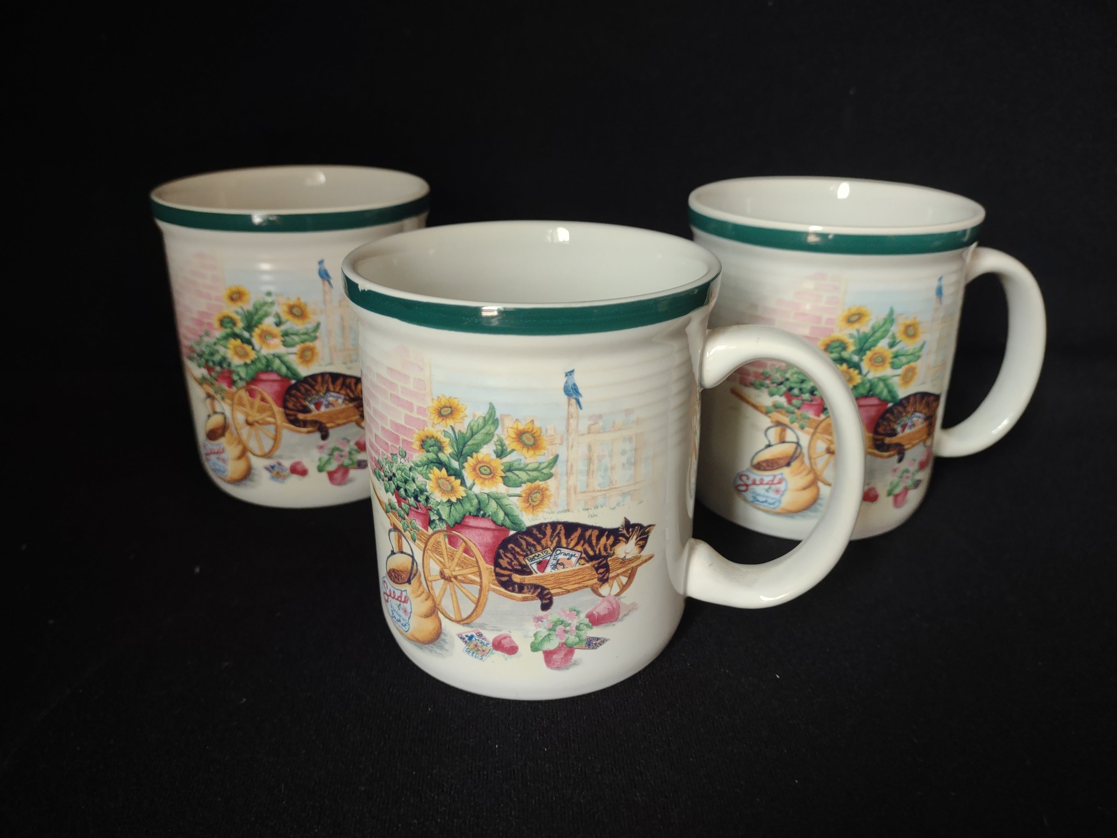 Cat Nap Country Green Band Cup Mug x 3 Stoneware Thailand (lot 2855c)